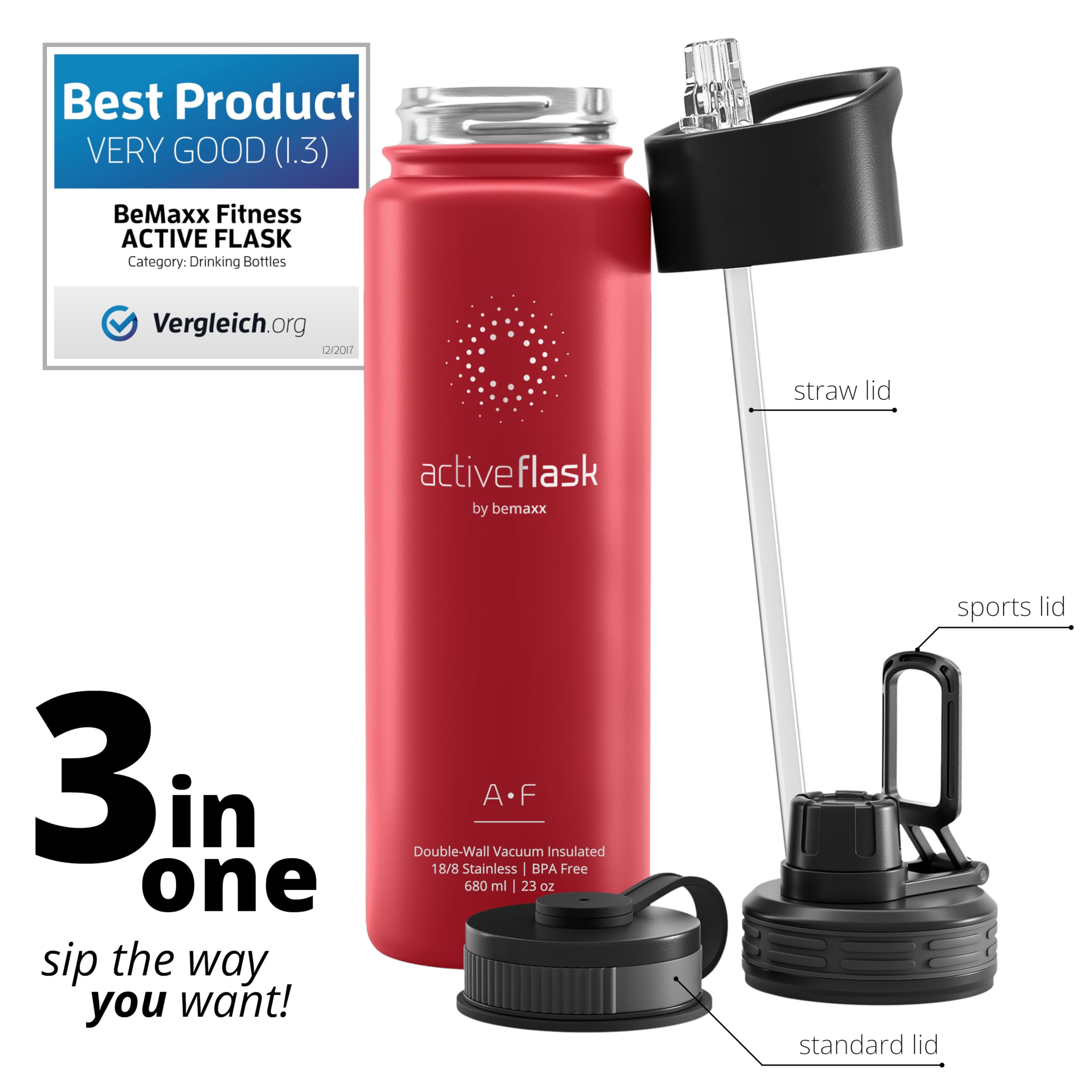 Trinkflasche Edelstahl ACTIVE FLASK + Strohhalm (3 Deckel) BPA-frei, Auslaufsicher, Kohlensäure geeignet - Wasserflasche Fahrrad Thermosflasche Isoliert Isolierflasche Sport Wasser Flasche Kinder Tee