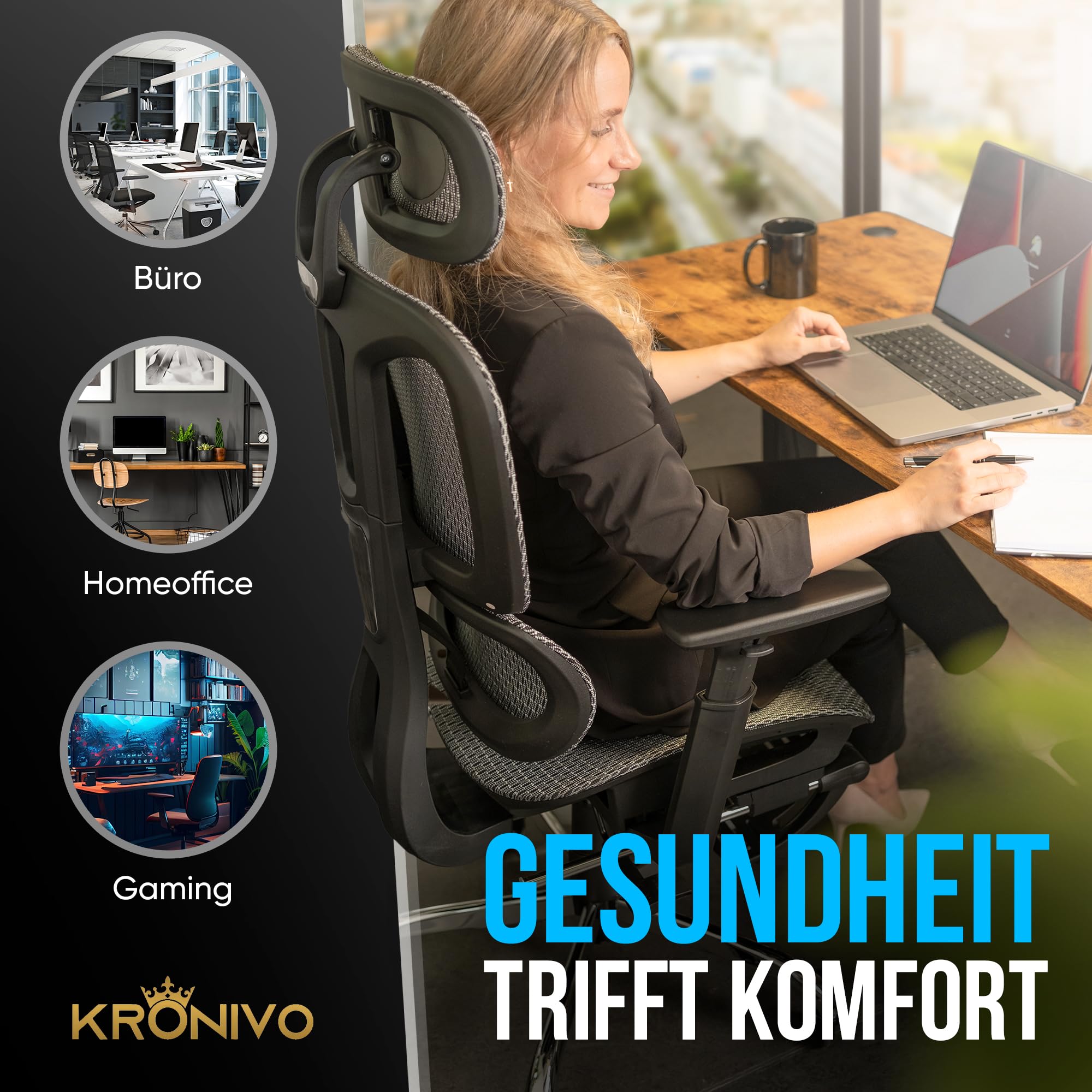 KRONIVO Bürostuhl Ergonomisch, Schreibtischstuhl mit Fußstütze | Office Chair Ergonomic mit Kopfstütze Armlehnen Lendenwirbelstütze | Schreibtisch Stuhl mit Rollen rückenschonend bis 200kg