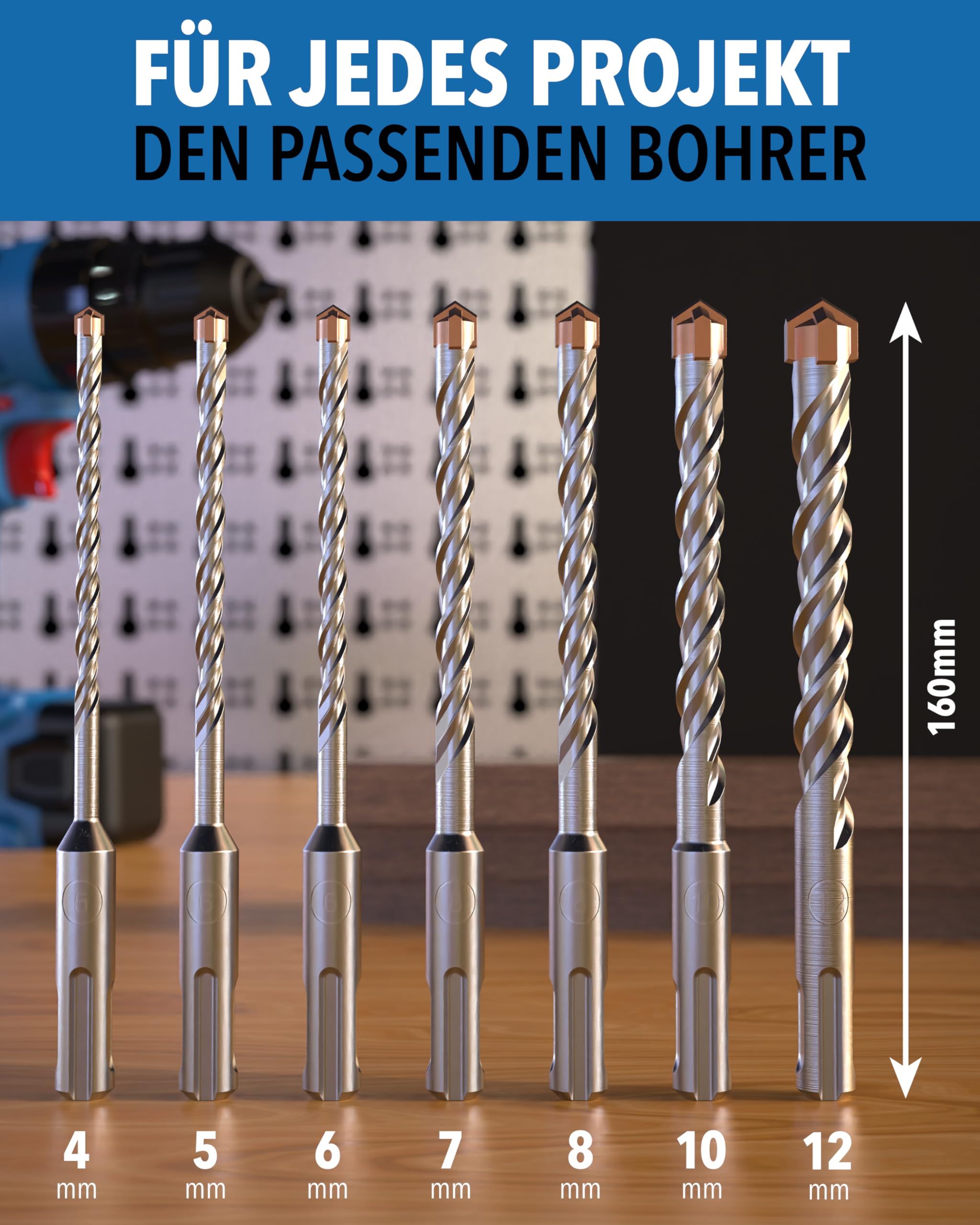 STONE REEF Betonbohrer Set Profi - [7-teilig inkl. Bohrerkassette] - SDS Plus Bohrer Set Ø 5mm, 6mm, 8mm, 10mm, 12mm x 160mm - Steinbohrer, Beton, Wandbohrer, Bohrersatz