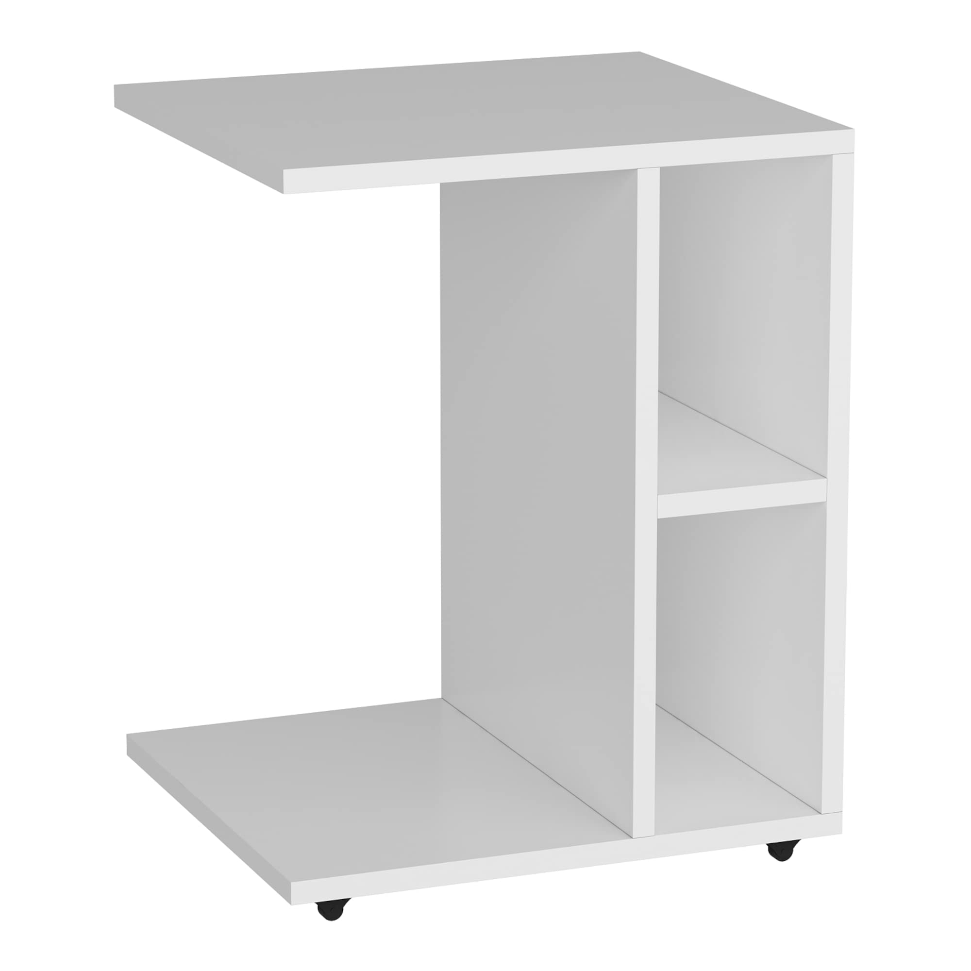 [en.casa] Beistelltisch Brørup C-Form mobiler Sofatisch 57,5 x 45 x 35 cm Betttisch mit 2 Ablagefächern und Rollen Walnuss