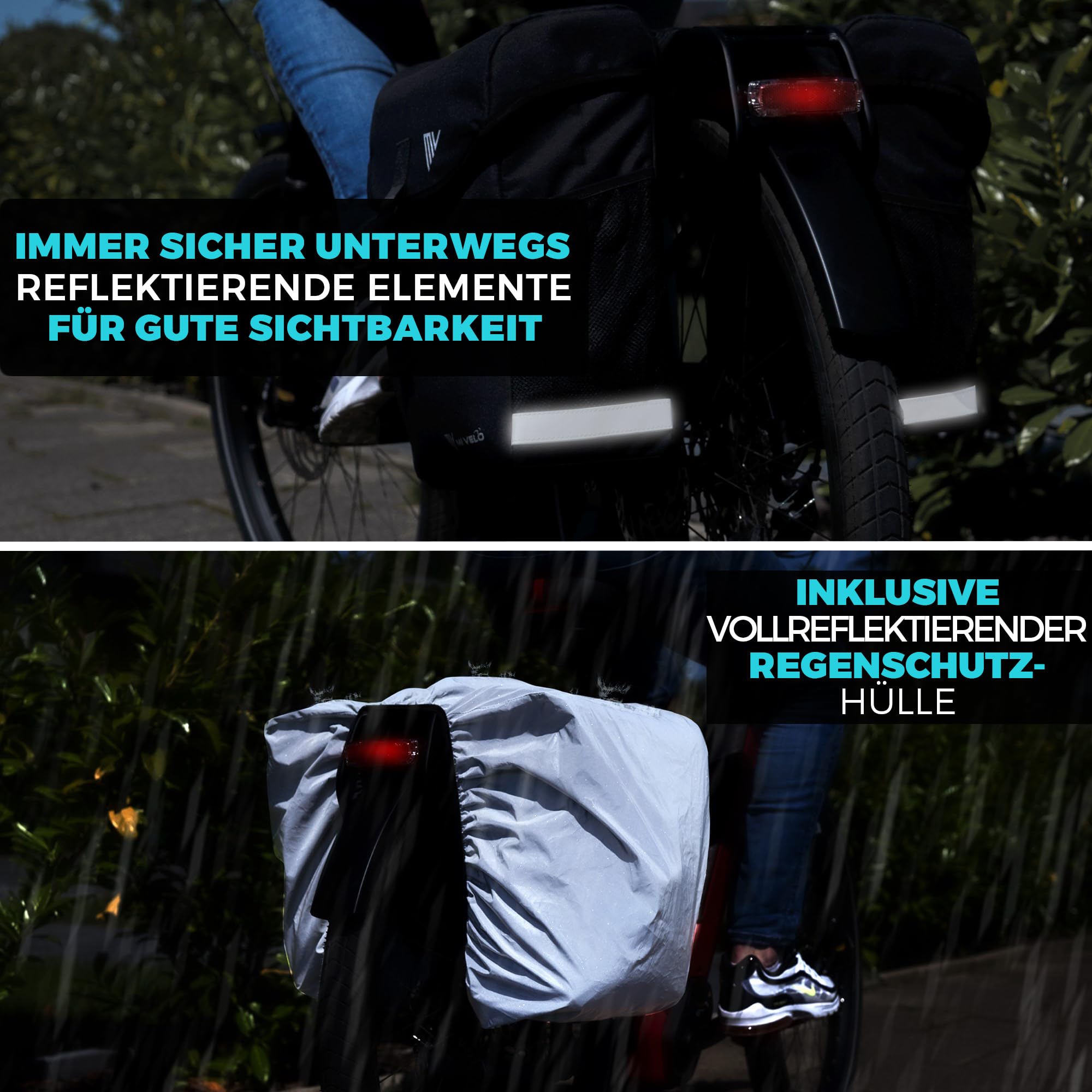 MIVELO Fahrradtasche Doppeltasche aus recyceltem Material I Fahrradtasche für Gepäckträger 36L inkl. Regenschutz I Gepäckträgertasche kompatibel mit MIK & Racktime Adapter I Fahrradtasche doppelt