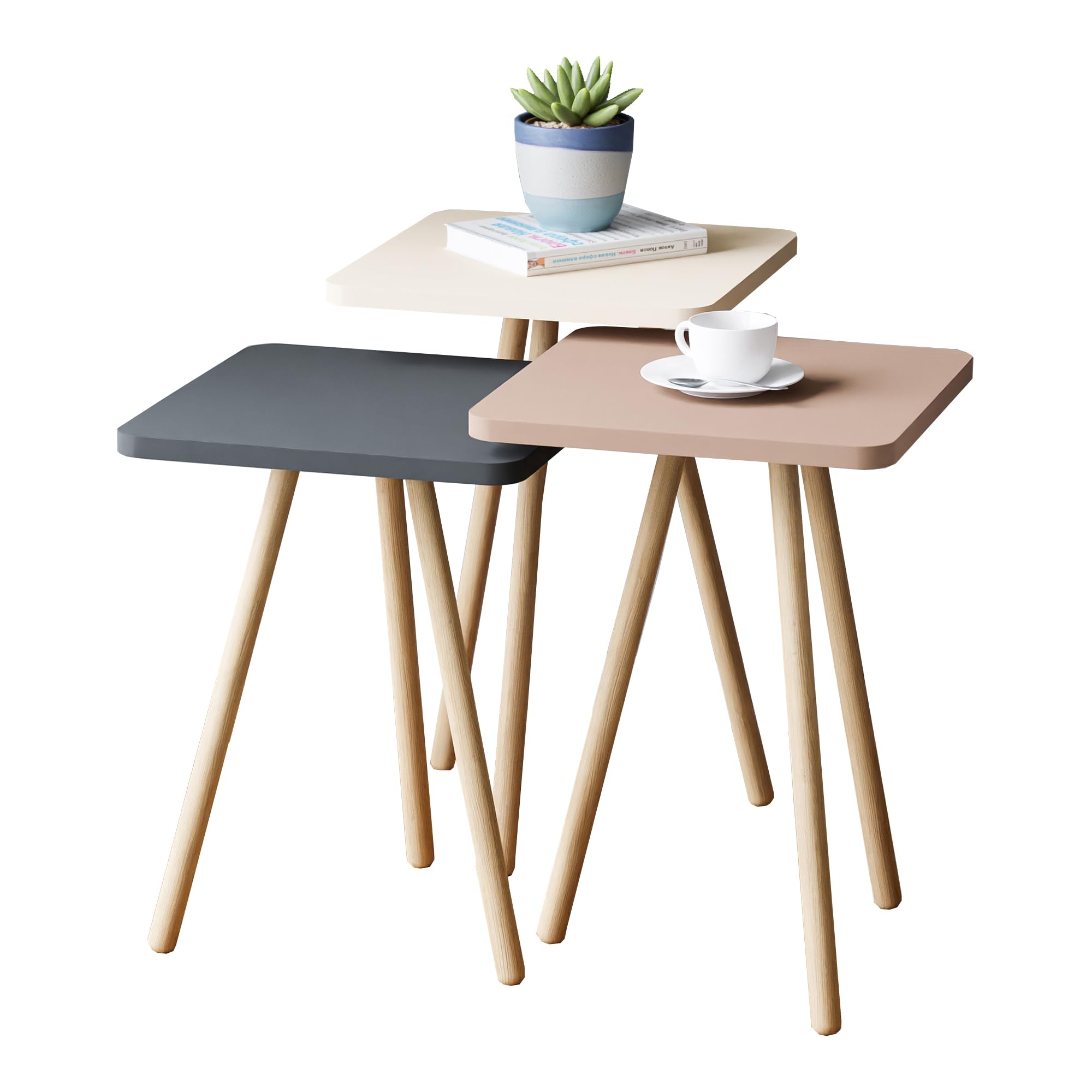 [en.casa] Satztisch Hobro im 3er Set Beistelltisch Wohnzimmertisch Kaffeetisch Quadratisch 49 x 34 x 34 cm eckig Couchtisch Holzoptik