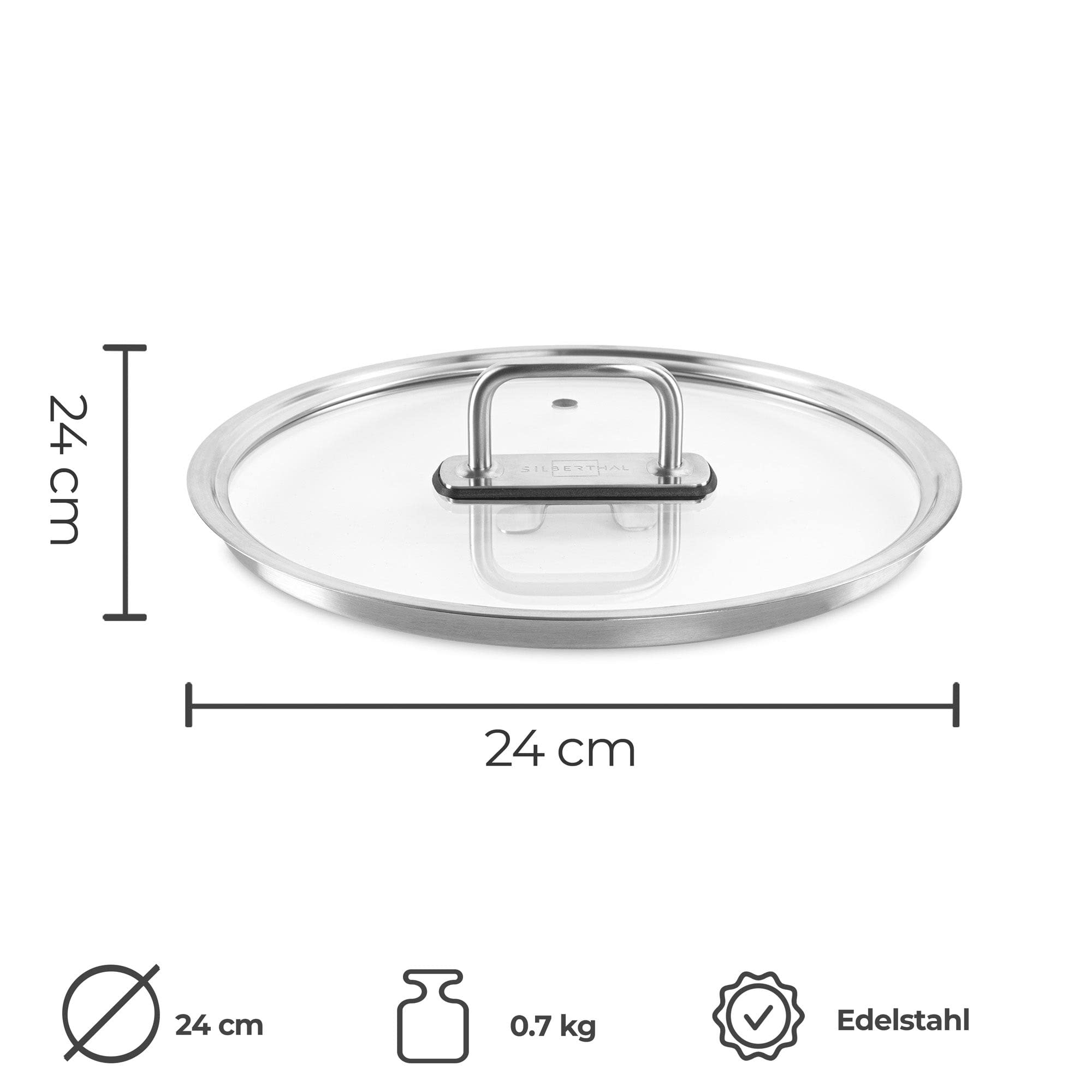 SILBERTHAL Topfdeckel 24 cm Glas - Mit Dampfloch und Edelstahl Griff - Universaldeckel