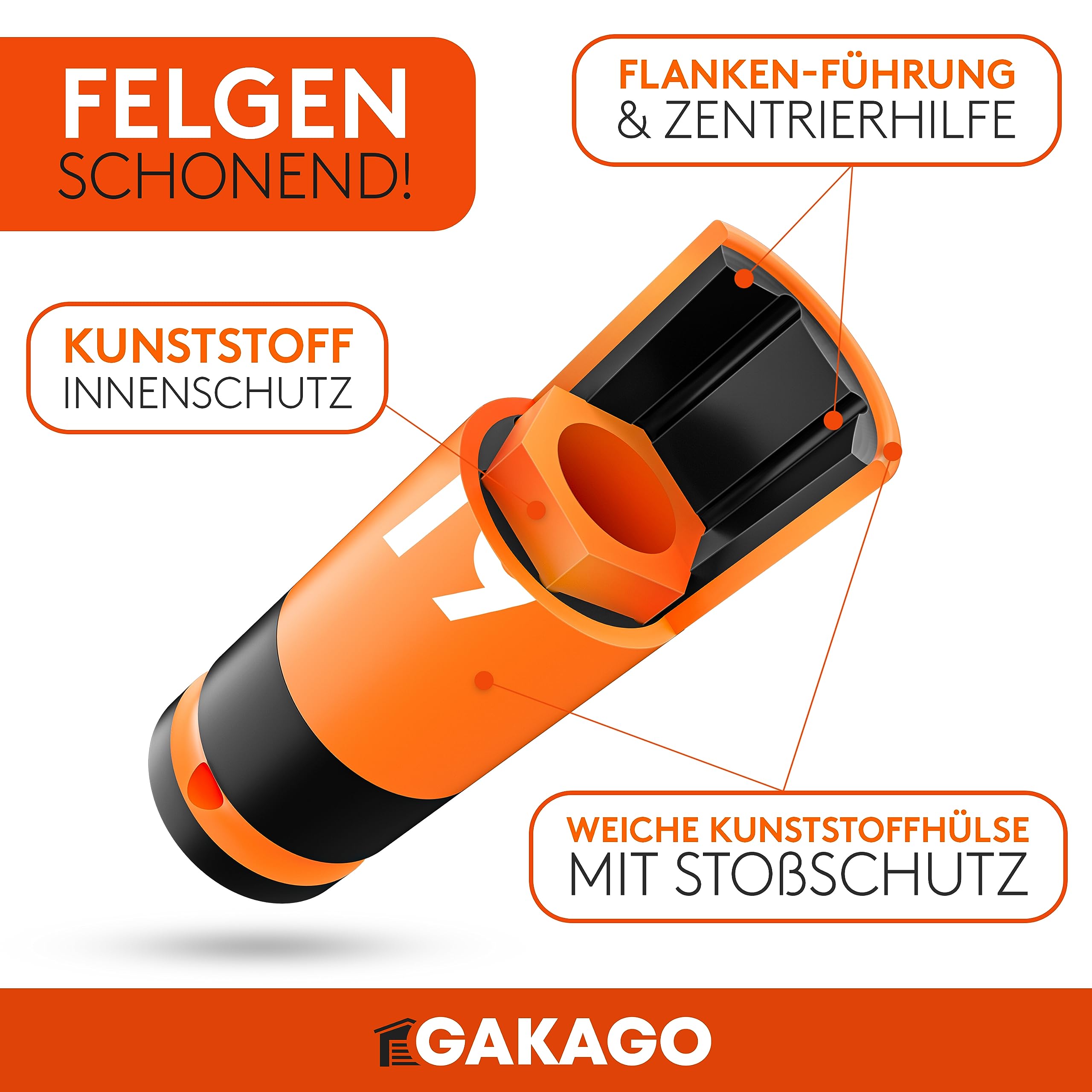 Gakago Kraft-Schoneinsatz - 17mm 19mm 21mm Radschrauben Nuss Set mit gummierten Felgenschutz - 1/2 Zoll Steckschlüssel-Einsatz für Drehmoment- und Schlagschrauber mit Sicherheitsstift und Ring