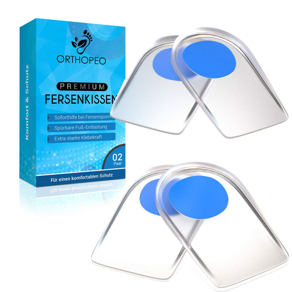 ORTHOPEO Premium Fersensporn Einlagen I Fersenpolster I Fersenkissen für Schuhe I Gel Silikon Einlagen Fersensporn Herren I 2 Paar Geleinlagen für die Ferse I Orthopädische Gelkissen I L10.8 cm B 7 cm