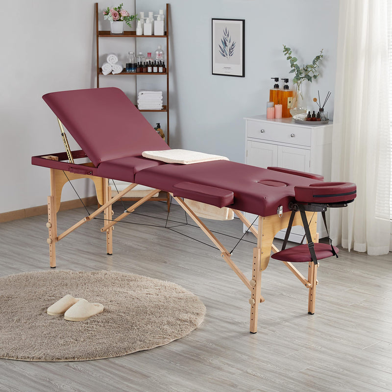 Yaheetech 3-Zonen Massageliege Tragbare Massagebank Höhenverstellbarer Massagetisch mit Kopfstütze und Abnehmbare Armlehnen für Physiotherapie, Burgunderrot