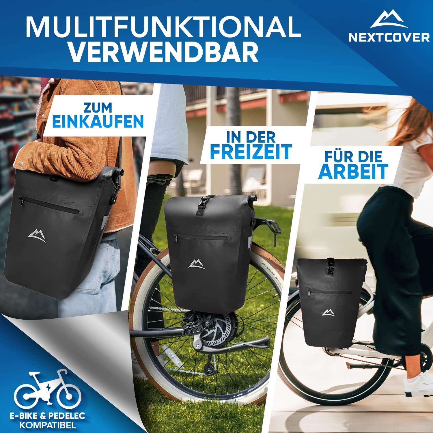 Nextcover® NEU Multifunktionale Fahrradtasche für Gepäckträger [27L] I Gepäckträgertasche für Fahrrad 100% Wasserdicht I Fahrrad Tasche mit Reflektoren inkl. abnehmbarem Schultergurt & Tragegriff