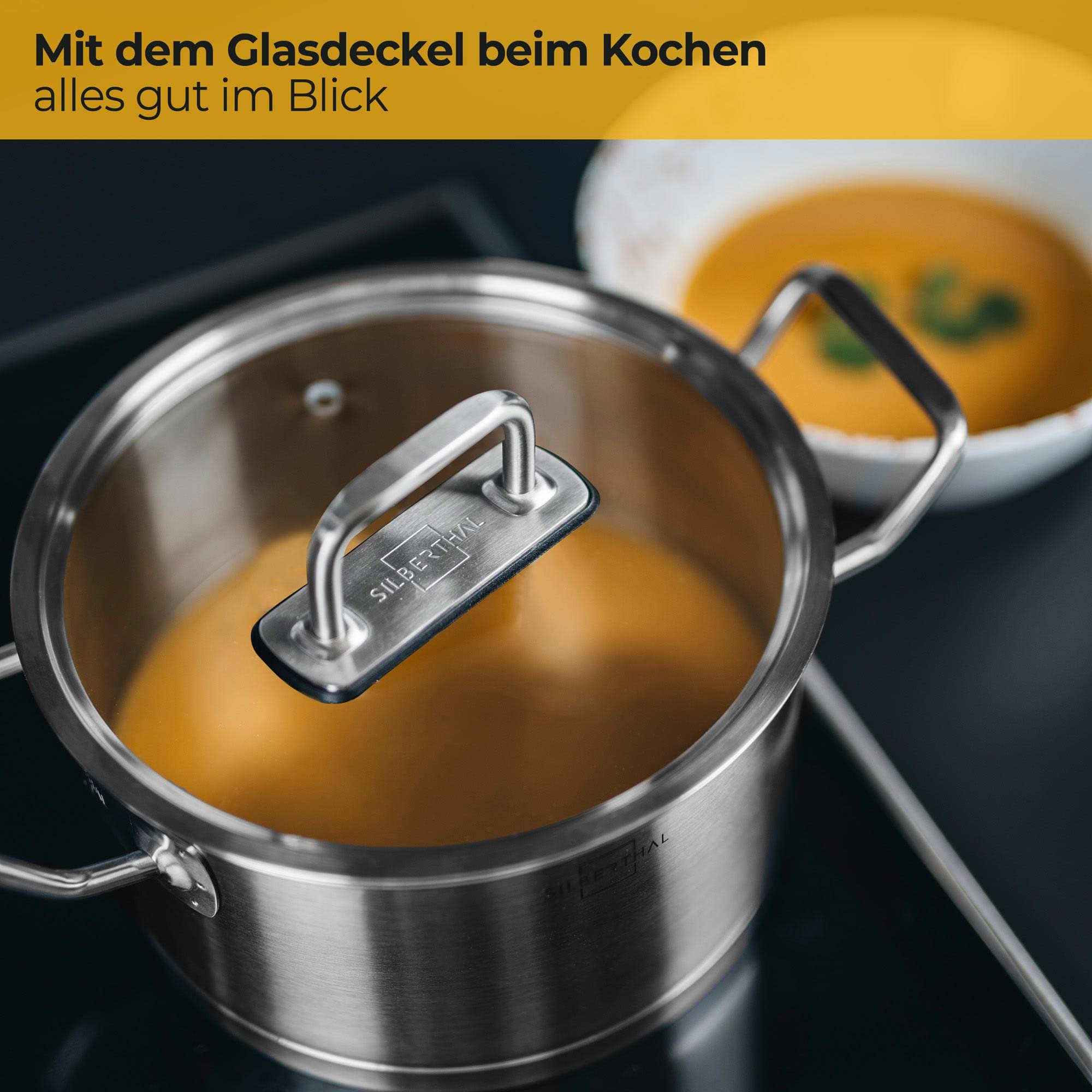 SILBERTHAL Kochtopf Induktion 20 cm - Edelstahl - 3,5L - Topf mit Deckel zum Einhängen - Für alle Herdarten - Ofenfest