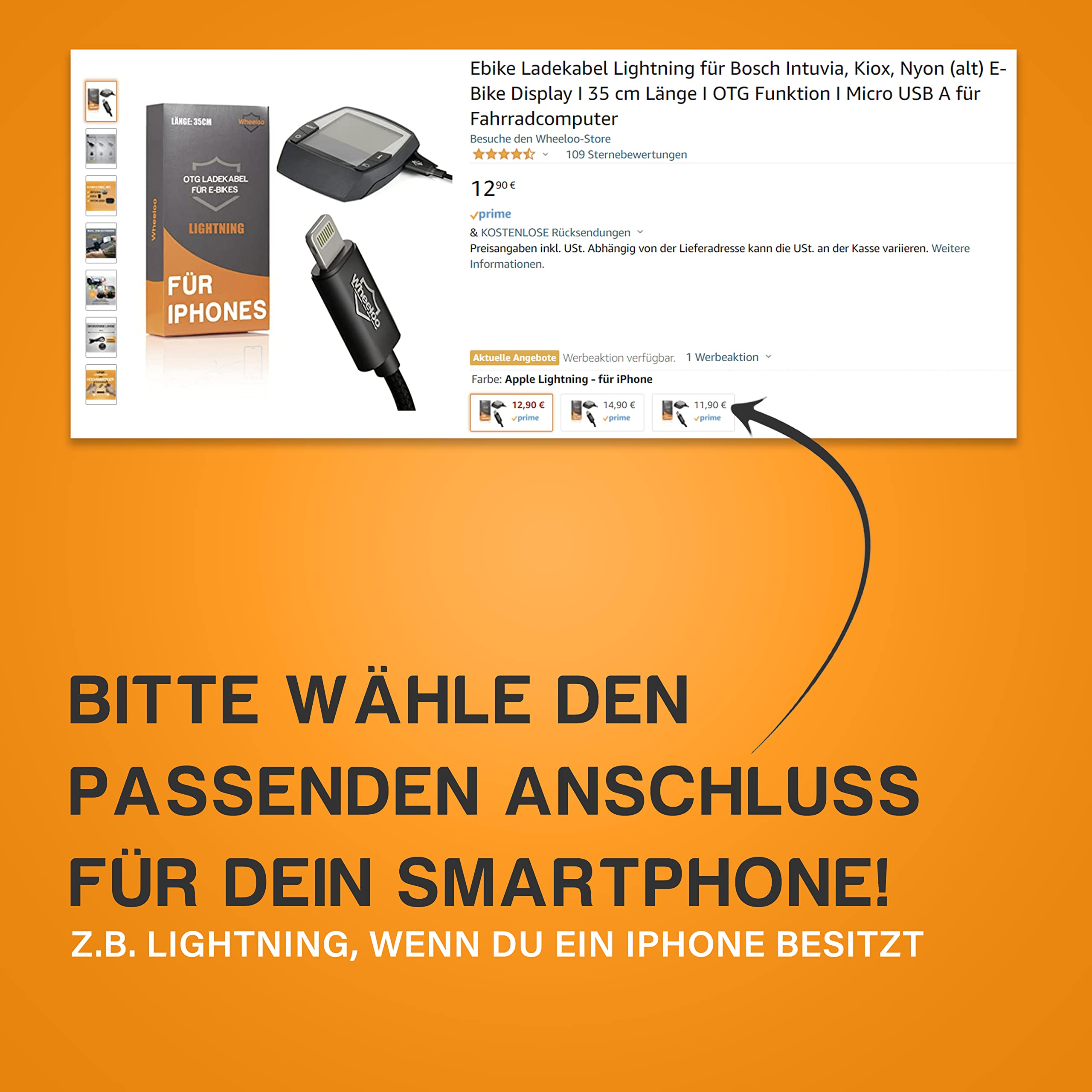 Wheeloo Ebike Ladekabel für iPhone oder USB C I für Bosch Intuvia, Kiox, Nyon (alt) E-Bike Display I Micro USB zu Lightning oder USBC Fahrradcomputer I für Handy Navigation I OTG Funktion