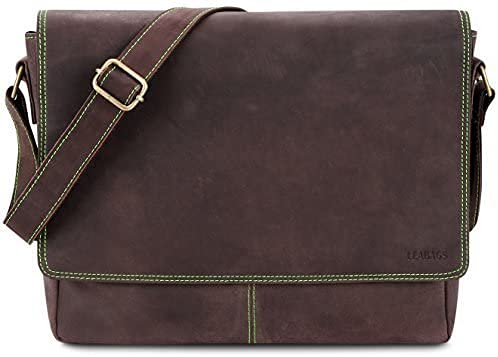 LEABAGS Leder Umhängetasche Herren & Damen I Echtleder Laptoptasche bis 15 Zoll I Messenger Bag mit Schultergurt I Schultertasche I Arbeitstasche I Tragetasche I Handtasche I Dark Brown/Green