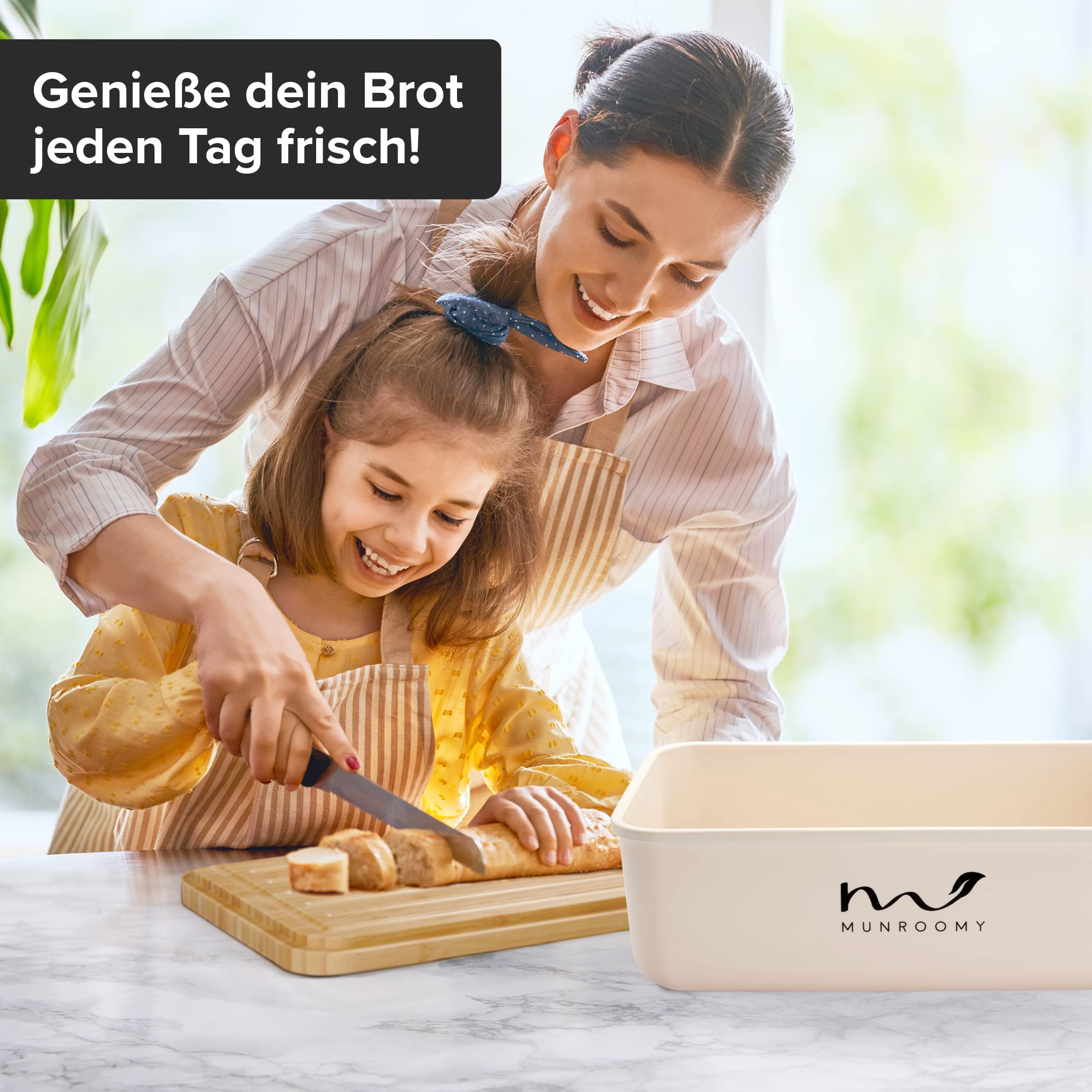 Munroomy Brotkasten mit Schneidebrett & Baumwoll-Beutel - gegen schimmeln & austrocknen - ideal zum Brötchen & Brot aufbewahren - Brotbox mit Deckel