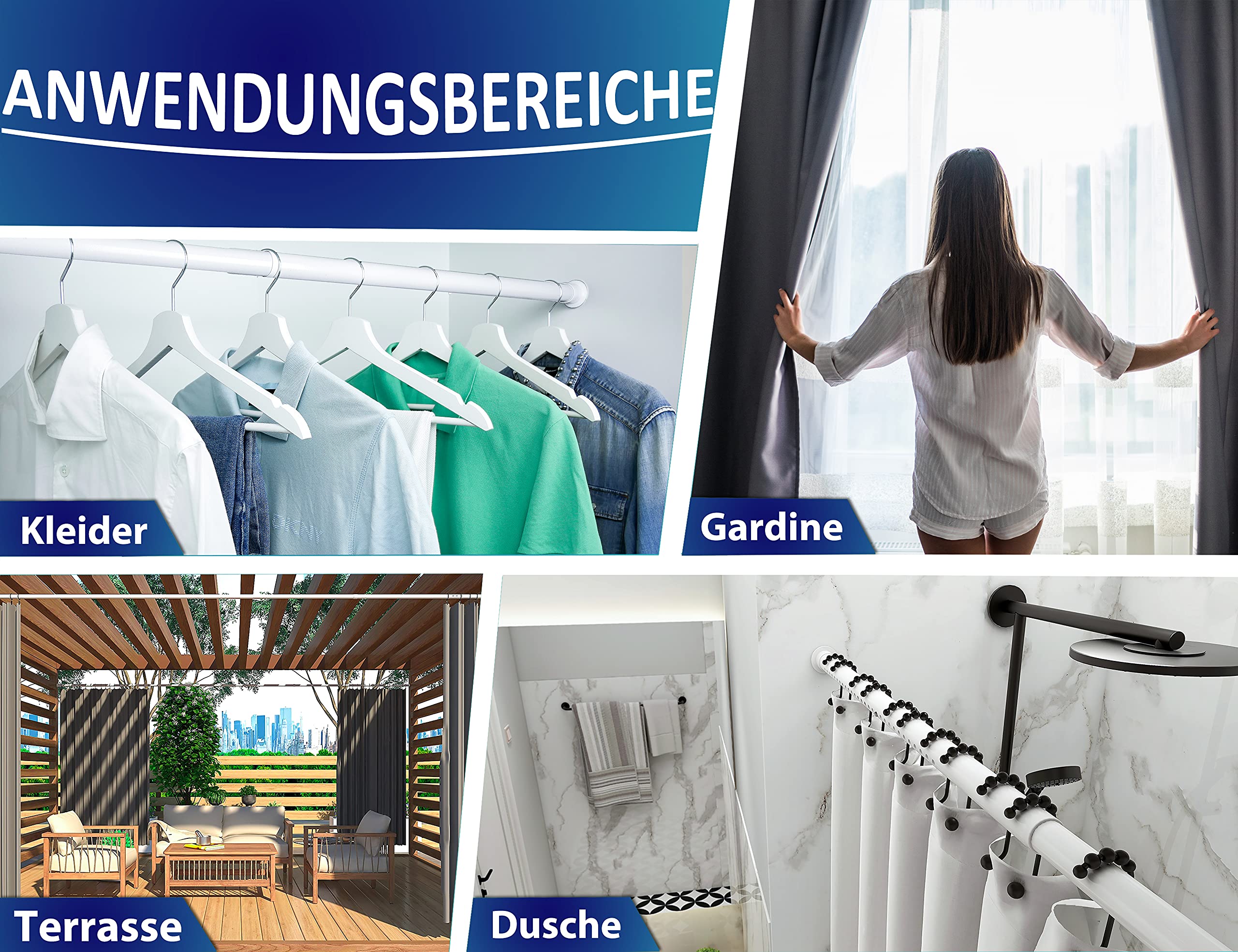 MEISENBERG Duschvorhangstange ohne Bohren 110-160cm, Ø32mm weiße Klemmbare Rostfreie Vorhangstange Ausziehbar - Teleskopstange, Duschstange & Kleiderstange - für ihre Garderobe und Dusche