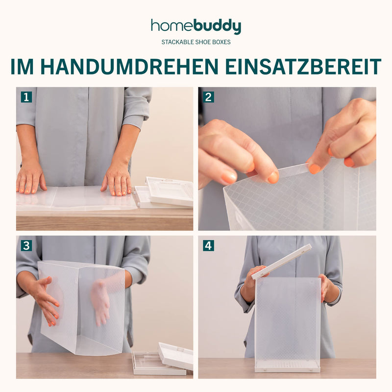 HomeBuddy Schuhbox - 12 Schuhboxen Stapelbar - Stabile Schuhaufbewahrung - Schuhboxen Stapelbar Transparent mit Rückseitiger Lüftung - Transparenter Schuhorganizer mit Bambuskohle-Desodorierer