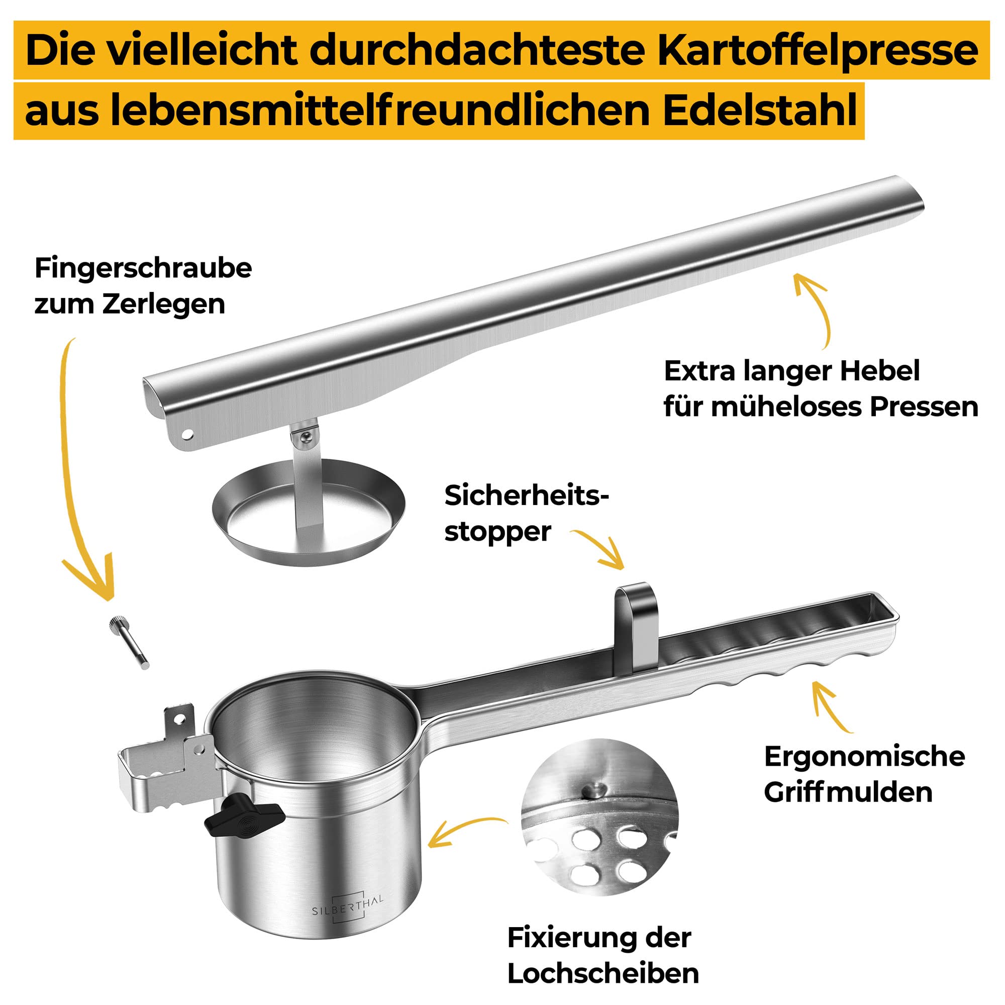 SILBERTHAL Kartoffelpresse Edelstahl - Spaghettieispresse - Läuft nicht über - Einlegescheiben inklusiv - Spülmaschinenfest - Verbesserte Version 2023