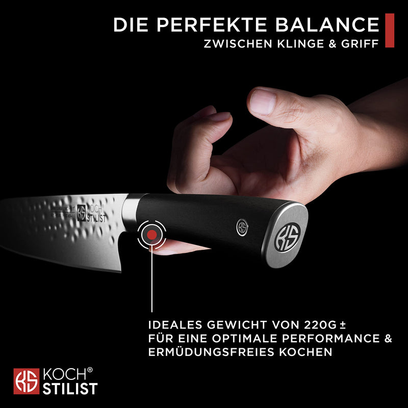 Kochstilist® Premium Santoku Messer 18 cm [+ inkl. Geschenkbox] Das Profi-Kochmesser aus extrem scharfem X75-Carbonstahl-Plus - Küchenmesser, Fleischmesser, Allzweckmesser mit edlem Echtholzgriff