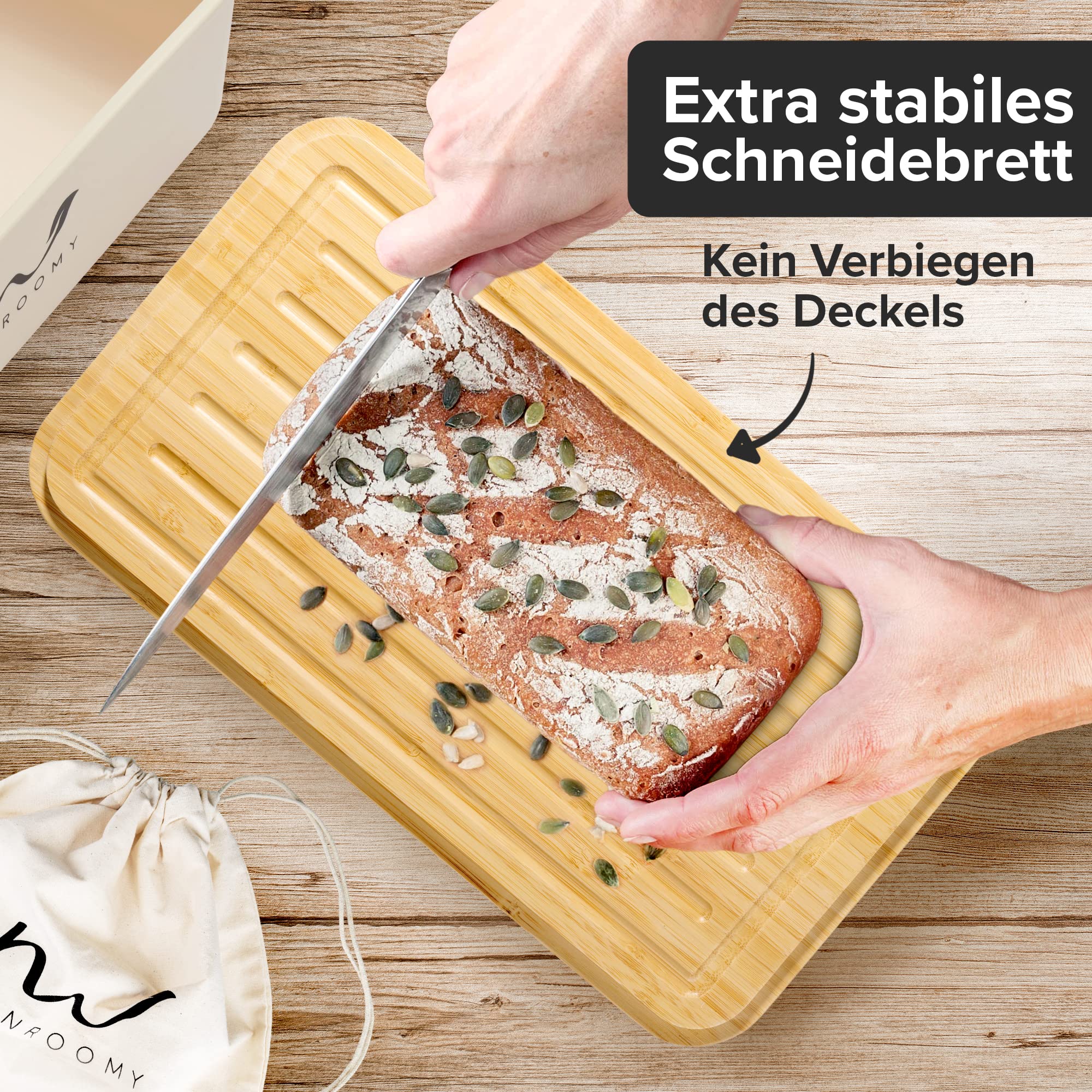 Munroomy Brotkasten mit Schneidebrett & Baumwoll-Beutel - gegen schimmeln & austrocknen - ideal zum Brötchen & Brot aufbewahren - Brotbox mit Deckel