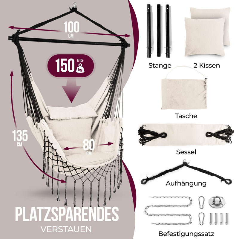 HEIMLING® Hängesessel Indoor & Outdoor XXL [All Inclusive Paket mit Aufhängung + 3 Kissen] Hängesessel Kinder & Erwachsene bis 150 kg | Hängematte Indoor Wohn- Schlafzimmer, Garten Balkon Terrasse