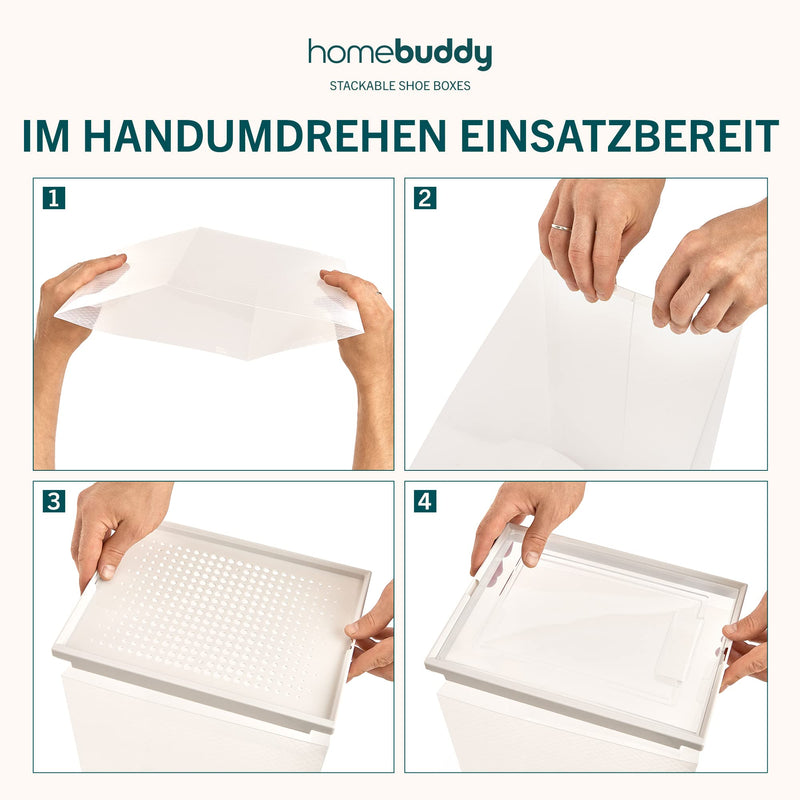 HomeBuddy Schuhbox - 6 Schuhboxen Stapelbar - Stabile Schuhaufbewahrung - Schuhboxen Stapelbar Transparent mit Rückseitiger Lüftung - Transparenter Schuhorganizer mit Bambuskohle-Desodorierer