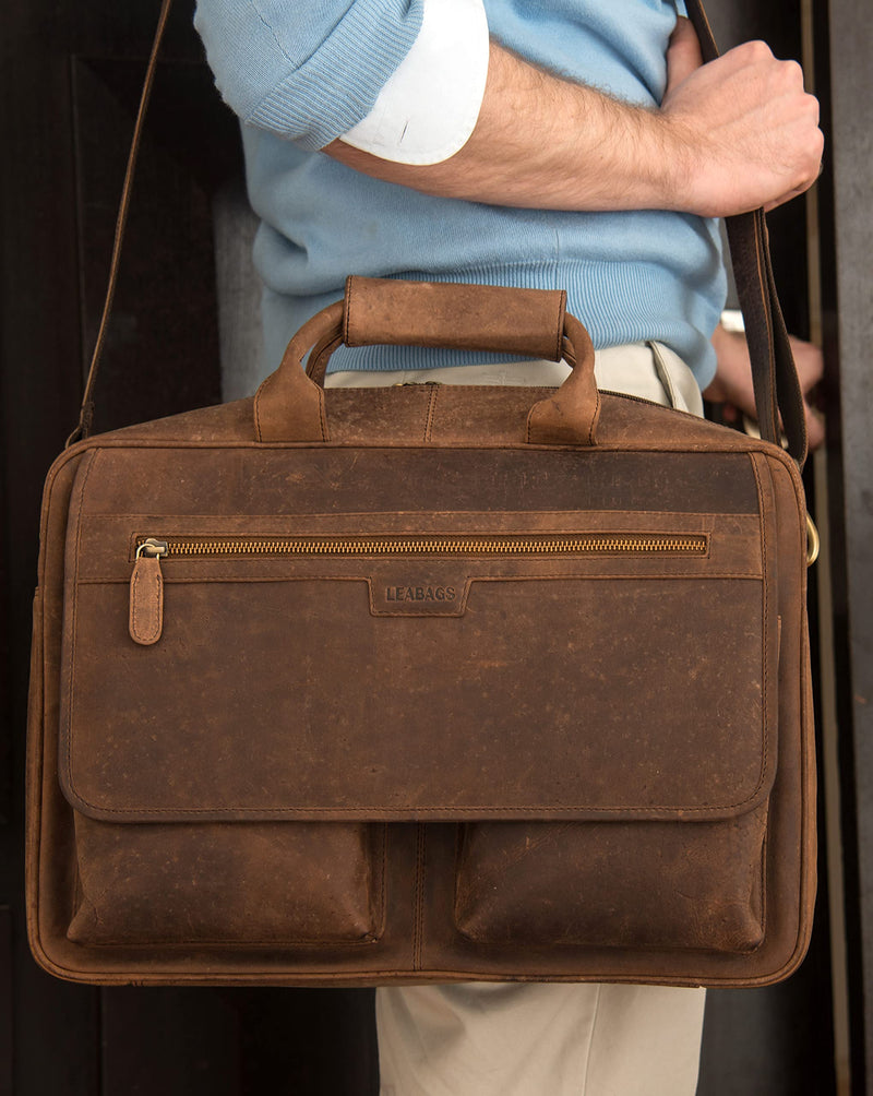 LEABAGS Leeds Leder-Umhängetasche I Laptoptasche I Messenger Bag aus echtem Büffel-Leder im Vintage Look I Ledertasche I Schultertasche I Arbeitstasche I 37x30x8cm