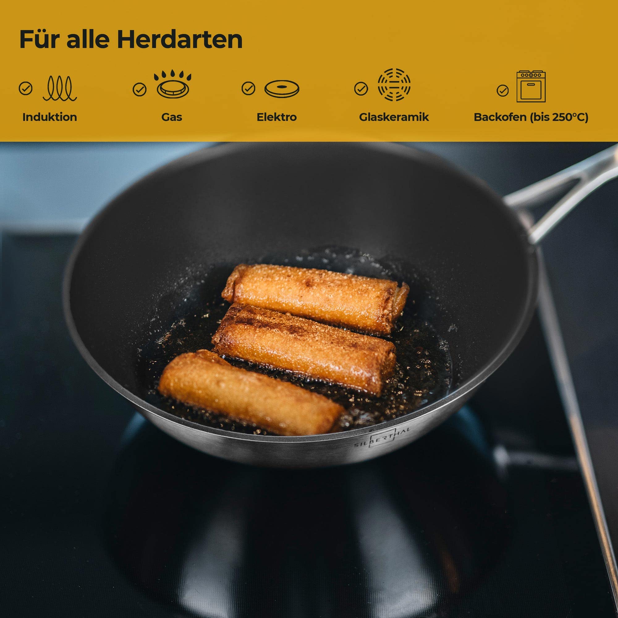 SILBERTHAL Wokpfanne Induktion 28 cm - Edelstahl Wok mit Anti-Haftbeschichtung - Für alle Herdarten - Backofenfest