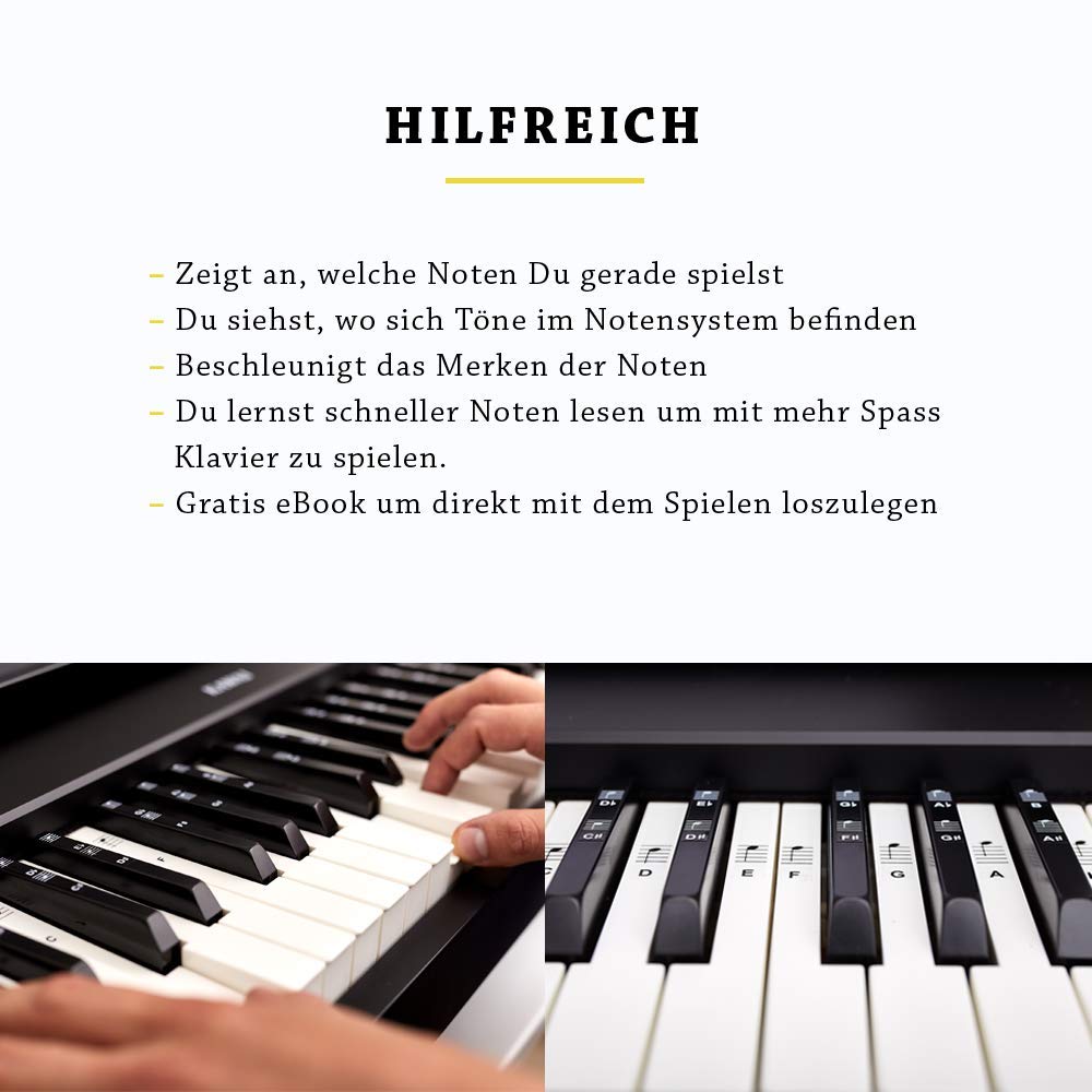 BELFORT® Klavier + Keyboard Noten-Aufkleber für 49 | 61 | 76 | 88 Tasten + Ebook | Piano Sticker Komplettsatz für schwarze + weisse Tasten | C-D-E-F-G-A-H | Einfache deutsche Anleitung