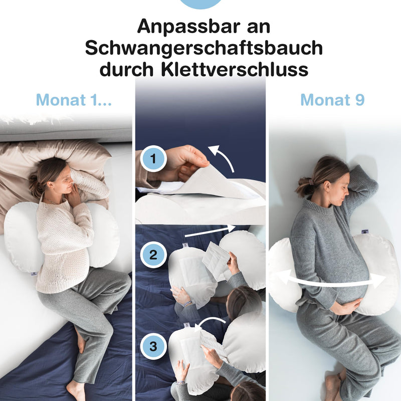 BabybeFun Schwangerschaftskissen [Platzsparend] Pregnancy Pillow für optimale Seitenlage mit Verstellbarer Größe für Schlafkomfort und gegen Rückenschmerzen | Weiß