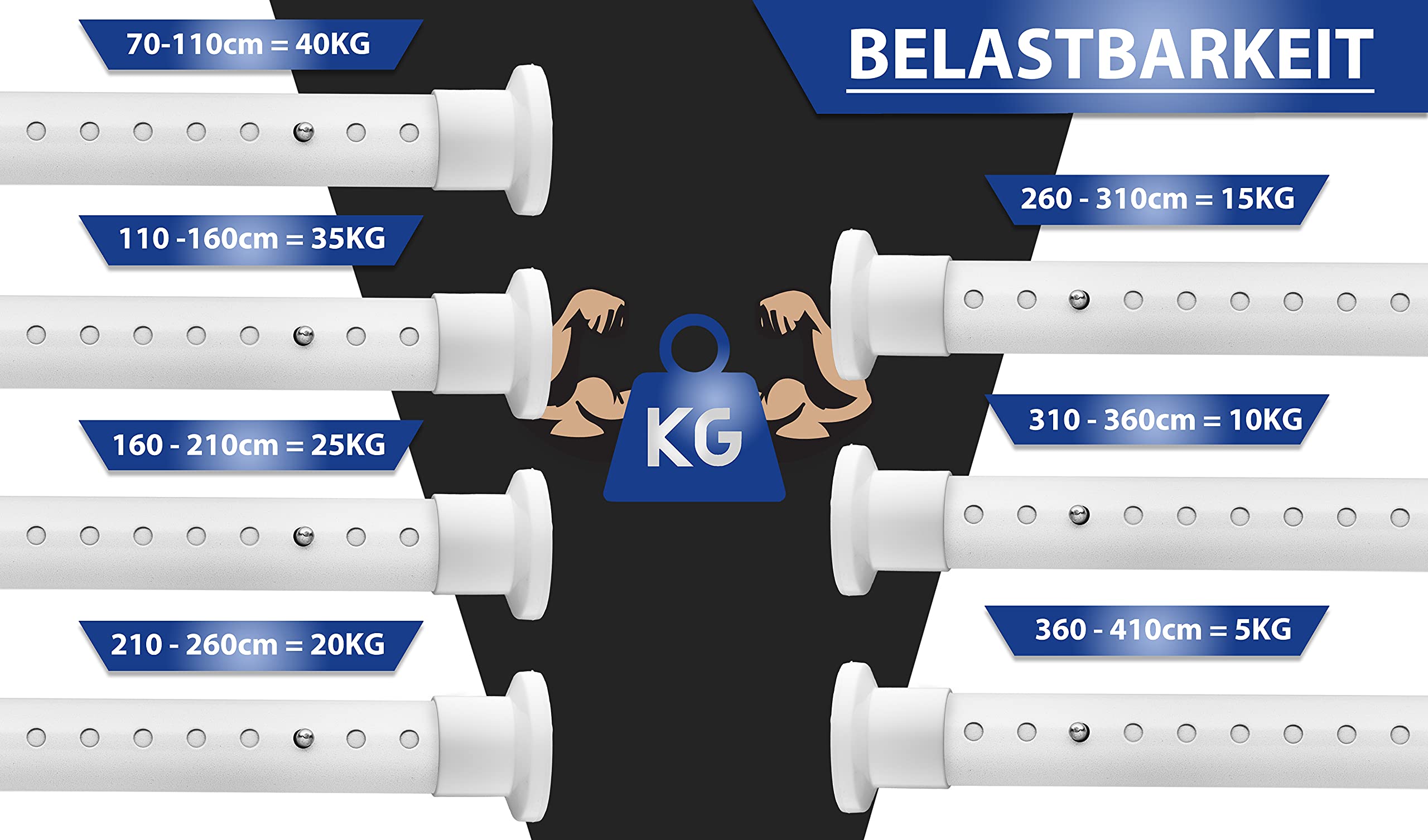 MEISENBERG Rostfreie Gardinenstange ohne Bohren 210-260cm, Ø32mm Weiß belastbare Klemmstange zum Ausziehen - Vorhangstange, Teleskopstange - für ihre Gardinen, Trennwand und Balkon