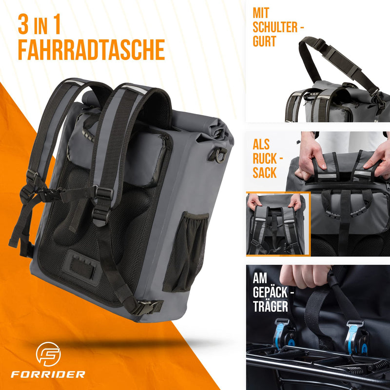 Forrider 3in1 Fahrradtasche für Gepäckträger mit Rucksack Wasserdicht 27L I Gepäckträgertasche Reflektierend I Sattel Tasche fürs Fahrrad (Grey)