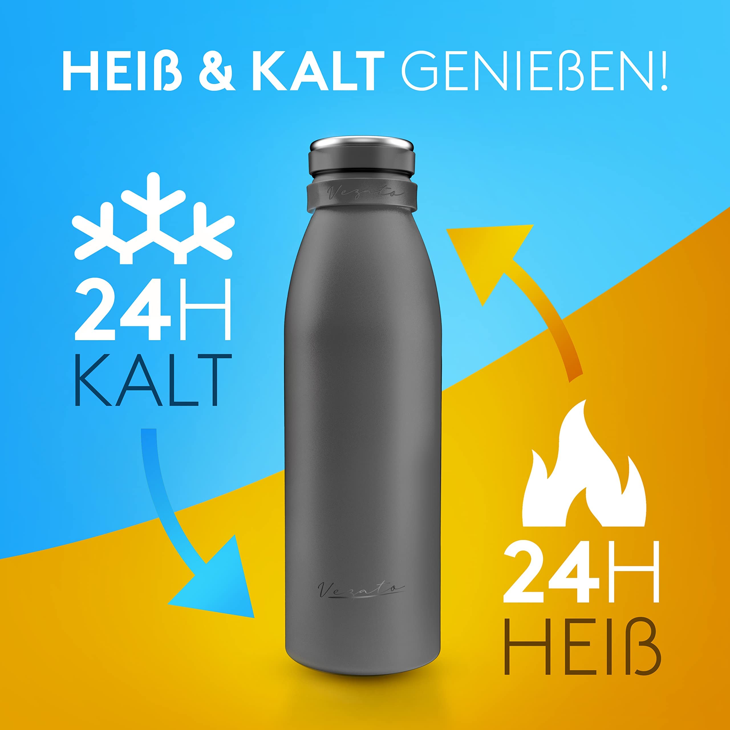 Vezato Trinkflasche Edelstahl - BPA-freie Isolierflasche 1 Liter - Auslaufsichere Wasserflasche mit doppelter Isolierung - Thermosflasche spülmaschinenfest - Für Kohlensäure geeignet - Nachhaltig