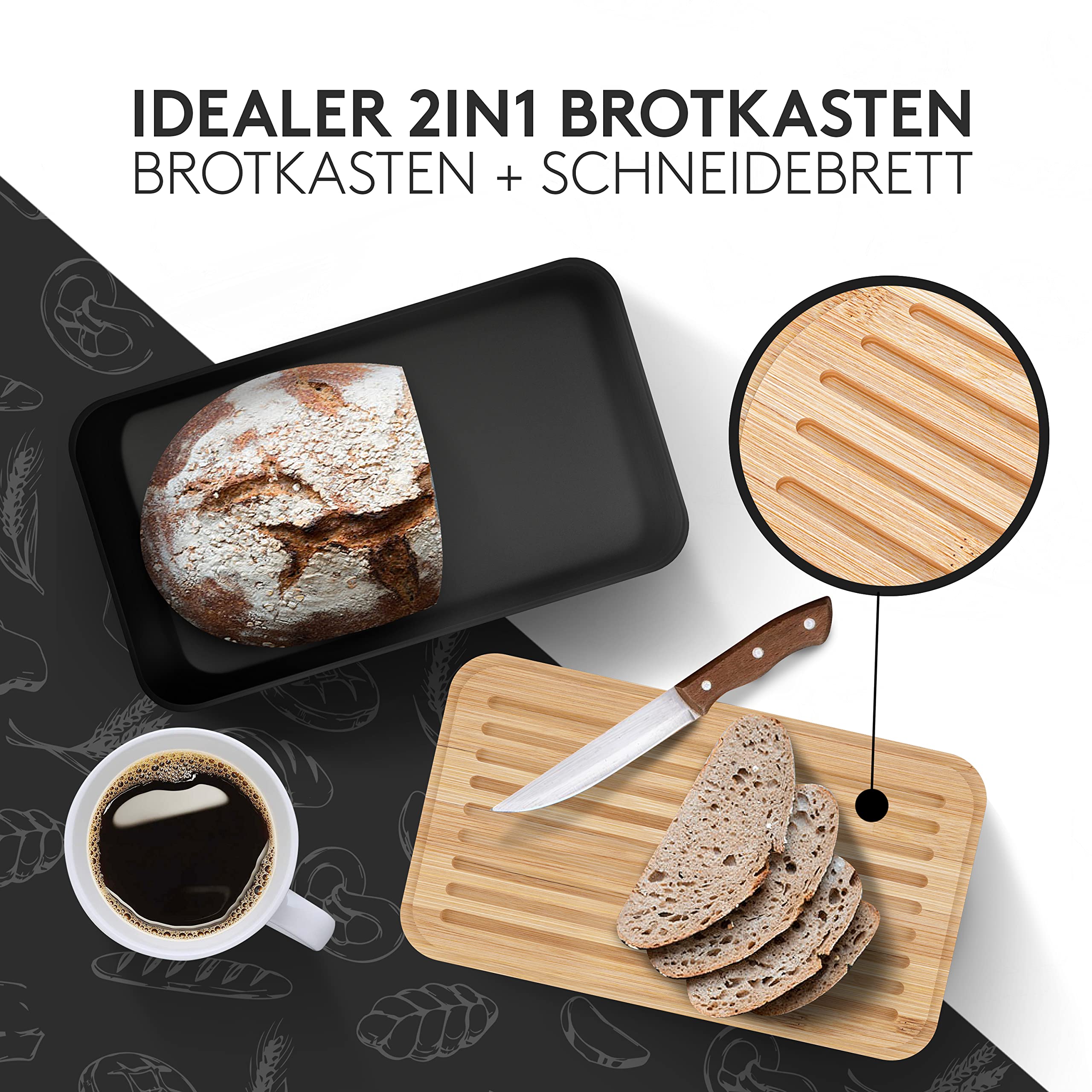 DIVARØ Brotkasten – Brotbox mit Bambusdeckel [2in1 Funktion] – Aus Karbonstahl für lange Frische – Nachhaltiger Brottopf – Brotbehälter & Brotsack – Brotkorb mit praktischem Schneidebrett –33x19x12cm