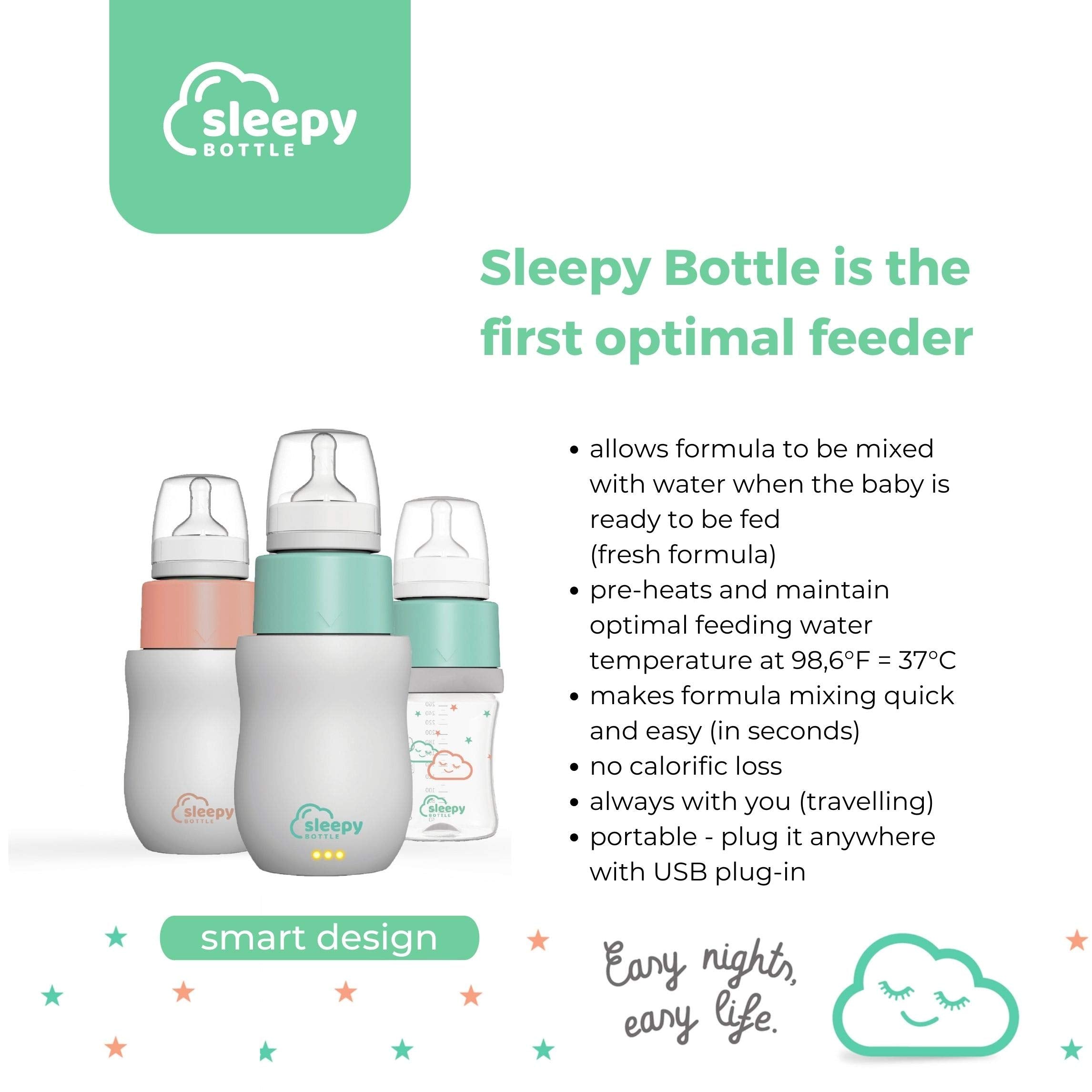 SLEEPY BOTTLE Tragbarer Babyflaschenzubereiter. Erwärmt Wasser 37°C. Einfache Babyflaschen Zubereitung. TWIST & SHAKE und Wasser vermischt mit Milchpulver. Baby Nachtfütterung. Baby unterwegs füttern.