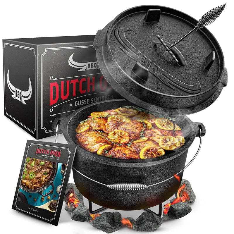 BBQ Dutch Oven - Dutch Oven Set [9L] - Für Induktion geeignet - Mit Topfständer - Eingebrannter Feuertopf aus Gusseisen - inkl. Deckelheber & e-Book