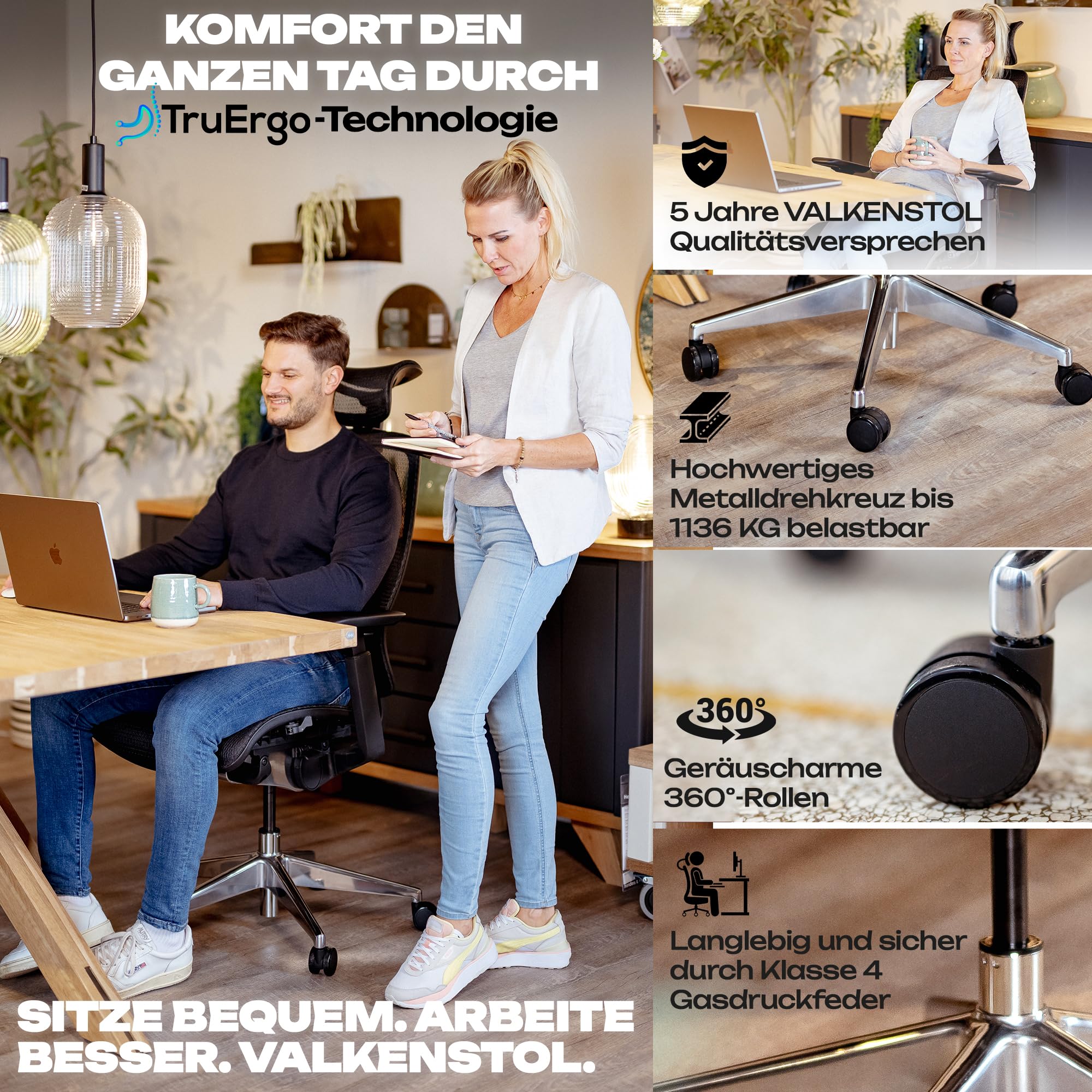 VALKENSTOL M6 Ergonomischer Bürostuhl 150 KG [Grosse Menschen, MESH-Sitz] Bürostuhl Ergonomisch für langes bequemes Sitzen und fokussierteres Arbeiten - Chefsessel Bürostuhl Bürosessel Office Chair