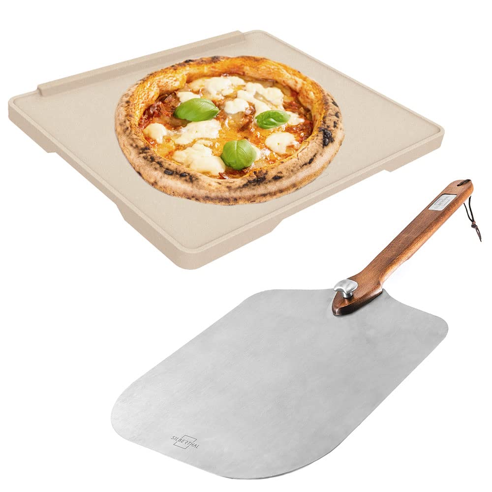 SILBERTHAL Pizzastein für Gasgrill & Backofen mit Pizzaschaufel aus Edelstahl - Rechteckig 30×38 cm – Steinplatte aus Cordierit zum Pizza- & Brot backen