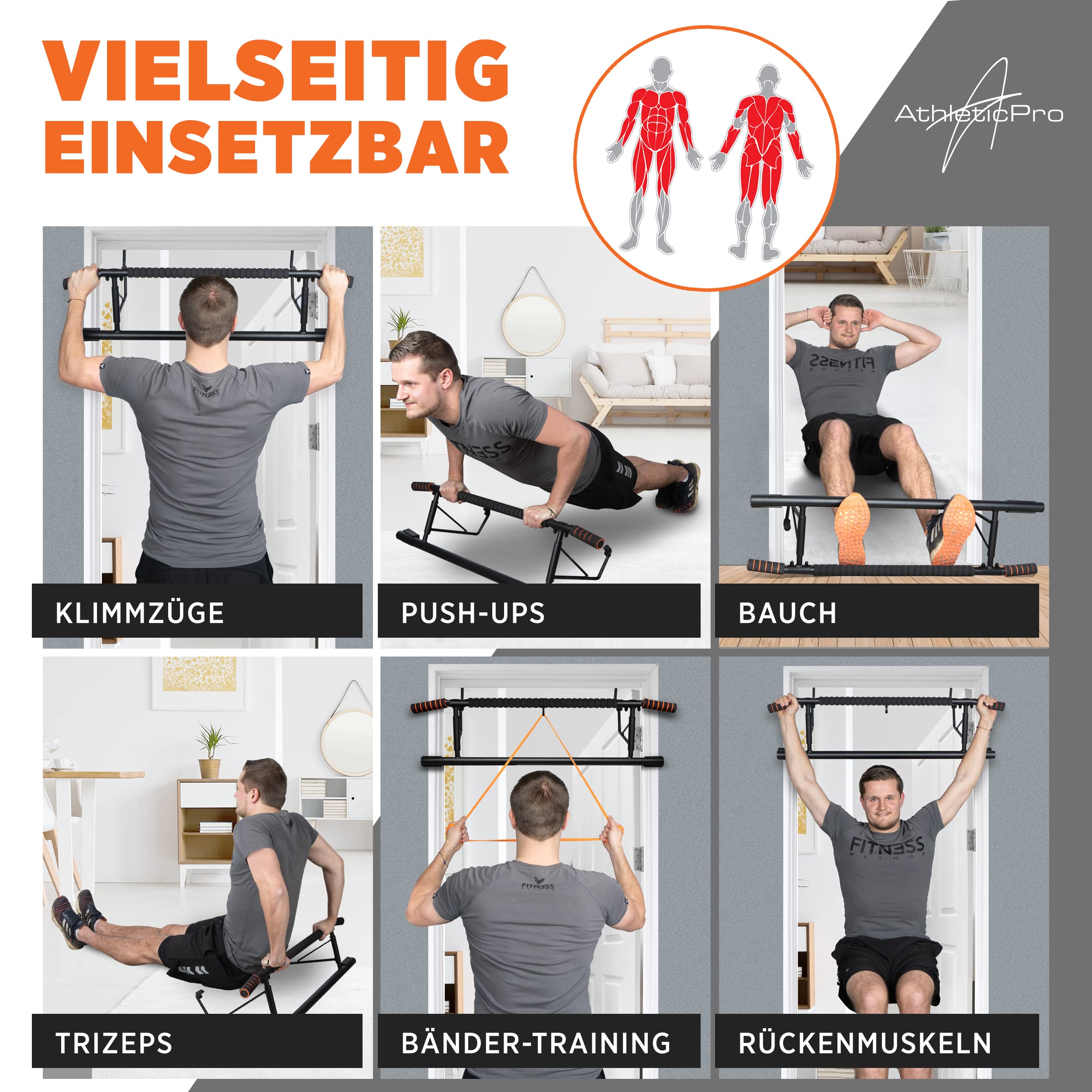 AthleticPro - Klimmzugstange Türrahmen -Wandmontage- Stark belastbare Pull up bar [bis 200 KG]- Türreck ohne Aufbau - 20 cm höher im Rahmen - Auch für Dips&Push Ups