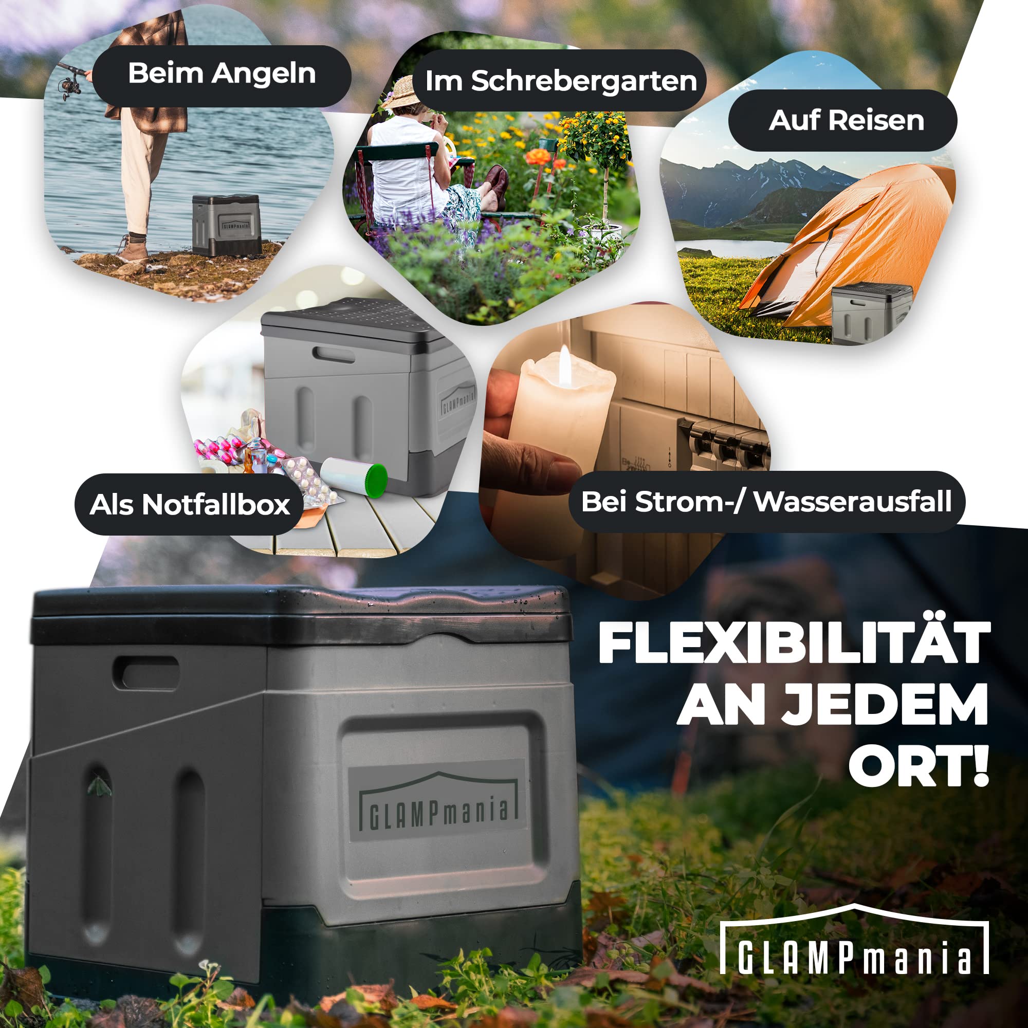 GLAMPmania Campingtoilette ohne Chemie [SEHR STABIL] für Tüten | Platzsparend, Flexibel und Clean | Die Mobile Toilette für Outdoor Camping, Festival, EDC, Zelten | Grau