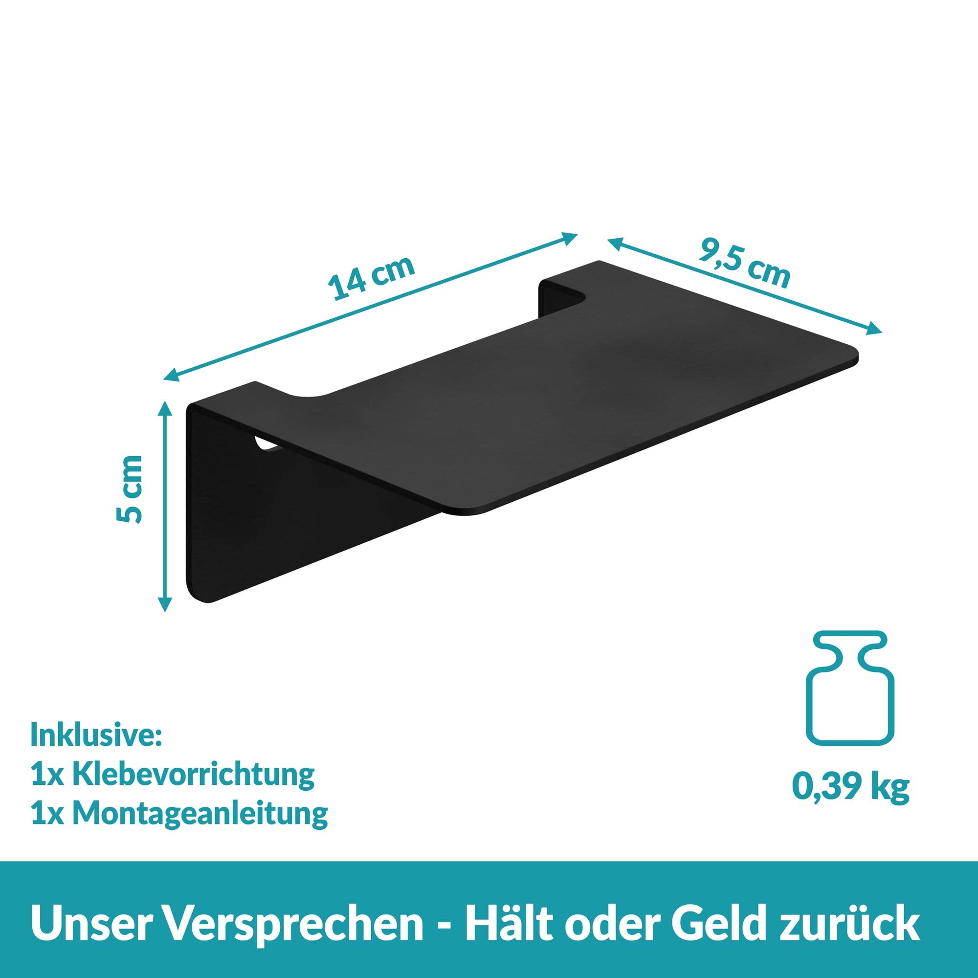 WEISSENSTEIN Badablage ohne Bohren aus Edelstahl - Selbstklebende Ablage fürs Bad - 14 x 9,5 x 5 cm - schwarz