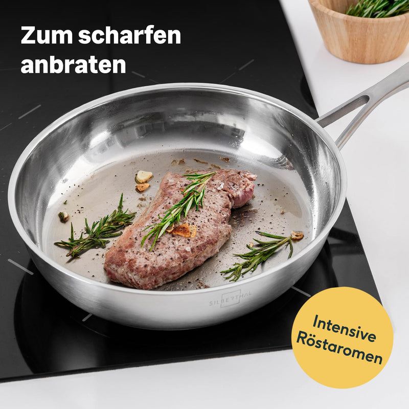 SILBERTHAL Edelstahl Pfanne Unbeschichtet - Induktion - Profi Bratpfanne 24cm - Röstaromen - Ofenfest