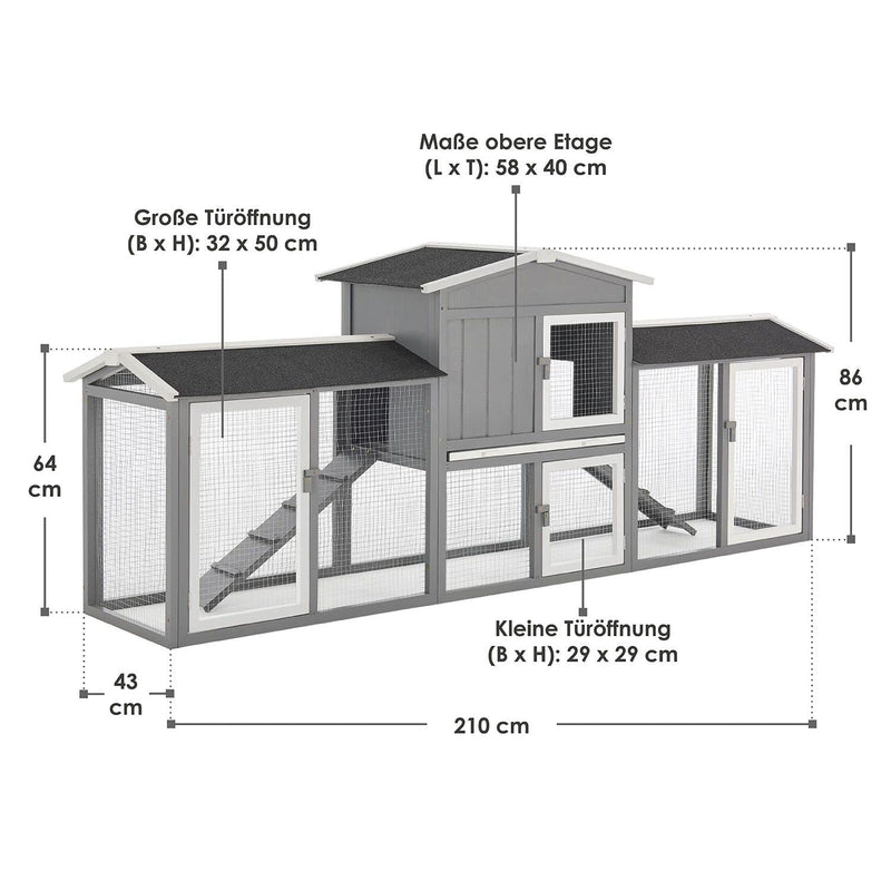 Juskys Hasenstall 210x43x86 cm mit Dach, Leiter & Fach - Kaninchenstall groß, doppelstöckig & modern - Stall Kaninchen im Garten - Hasenkäfig Grau