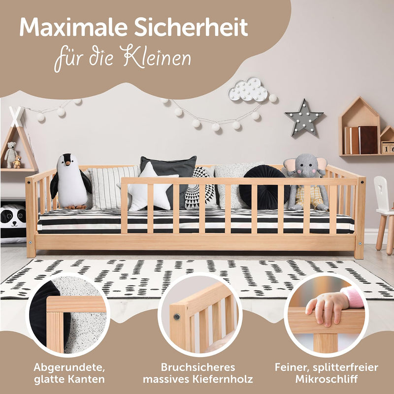 Famifidus Bodenbett 90x200 cm | Montessori Bodenbett inkl. Rausfallschutz und Lattenrost | Kinderbett für Jungen und Mädchen (Natur, 90 x 200 cm)