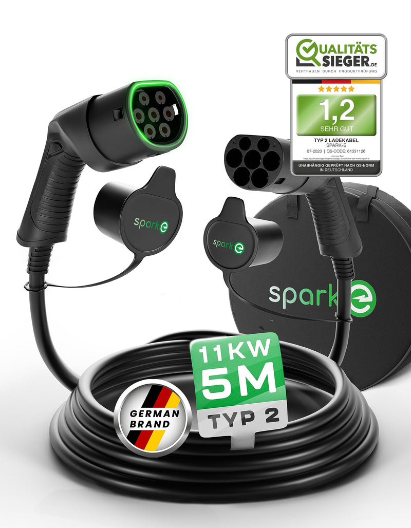 SPARK-E Typ 2 Ladekabel 11kW 5M für EV Elektroautos inkl. Tasche - Ladekabel E Auto - 16A3P Ladekabel Typ 2 - Ladekabel Elektroauto Typ 2 - Mode 3 Ladekabel Typ 2 - Ladekabel Typ 2 11kW - Wallbox