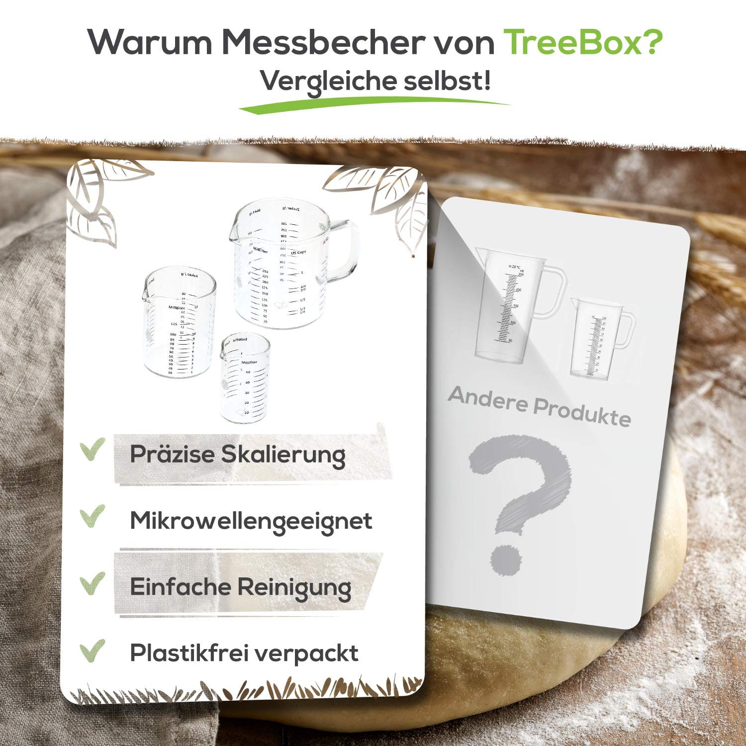 TreeBox Messbecher aus Glas mit Ausguss – 3er Set – Hitzebeständig und mikrowellengeeignet - Verschiedene Maßeinheiten – Perfekt zum Backen, Kochen und Mischen