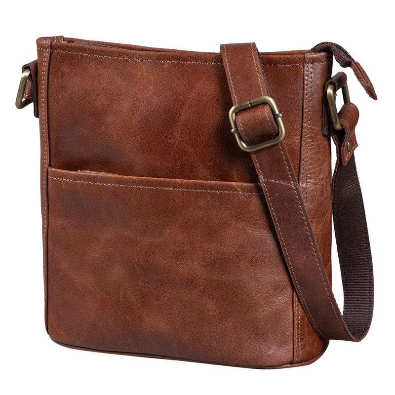 LEABAGS Leder Handtasche Damen I Premium Echtleder Umhängetasche I Damen Schultertasche I Damentasche I Tragetasche für Arbeit Uni Schule Freizeit I Größe M (24 x 23 x 6 cm) I Vintage Cognac