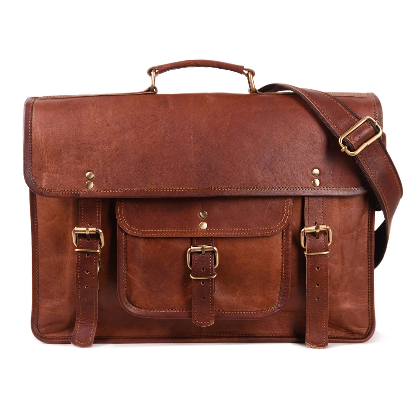 Leather Lane 'Samuel' Schultertasche Echtes Leder 16 Zoll Messenger Bag Vintage Aktentasche Business Tasche Unitasche Laptoptasche Umhängetasche Naturleder Braun