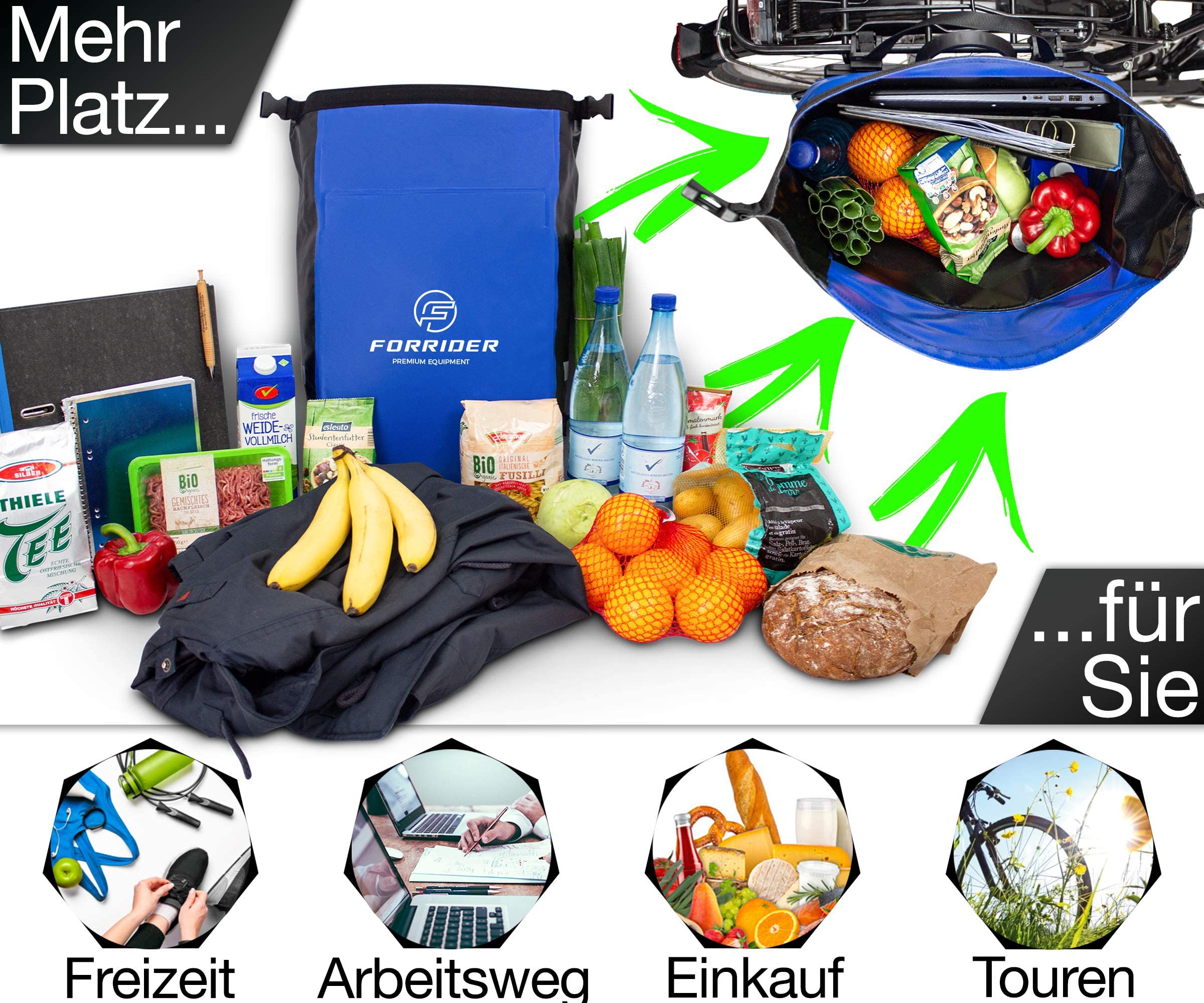 Forrider Fahrradtaschen für Gepäckträger - 100% Wasserdicht [2 Stück] 50L Volumen Premium Fahrrad Gepäckträgertaschen hinten Pack-Taschen Hinterradtaschen (Blau)