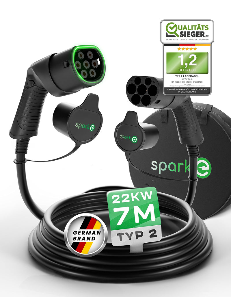 SPARK-E Typ 2 Ladekabel 11kW 7M für EV Elektroautos inkl. Tasche - Ladekabel E Auto - 16A3P Ladekabel Typ 2 - Ladekabel Elektroauto Typ 2 - Mode 3 Ladekabel Typ 2 - Ladekabel Typ 2 11kW - Wallbox