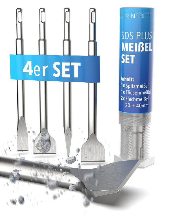 STONE REEF SDS Plus Meißel Set [4-teilig inkl. Fliesenmeißel], Sds Meißel, Meisel, Flachmeißel, Meissel, Sds Meißel Set, Meiselset für Bohrhammer, Spachtelmeißel, Spitzmeißel,