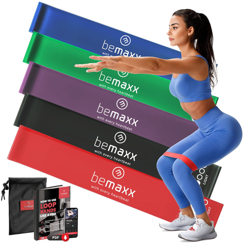 Fitnessband Set - 5X Loop Gummiband Resistance Widerstandsbänder + Trainings-eBook | Gymnastikband, Fitness Sport Workout Krafttraining Band elastisch | Booty Trainingsband Sportband Miniband Yoga