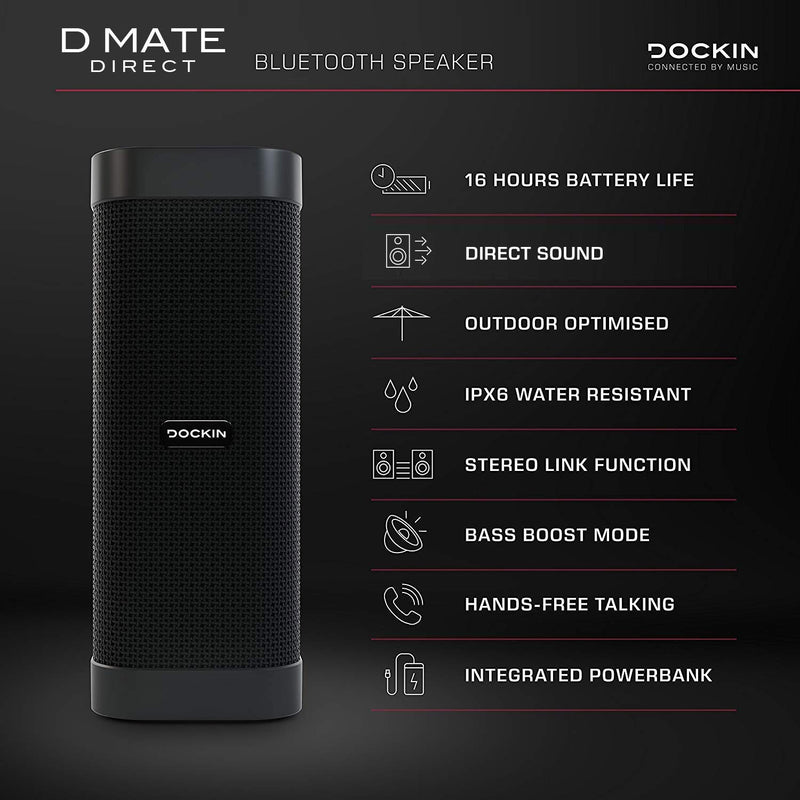 DOCKIN® D Mate Portable Bluetooth Lautsprecher, 25 Watt Outdoor Speaker mit starkem Akku (16 Std), wasserdicht, tragbare/portabel/Wireless Stereo Soundbox, integrierte Powerbank, USB-Anschluss