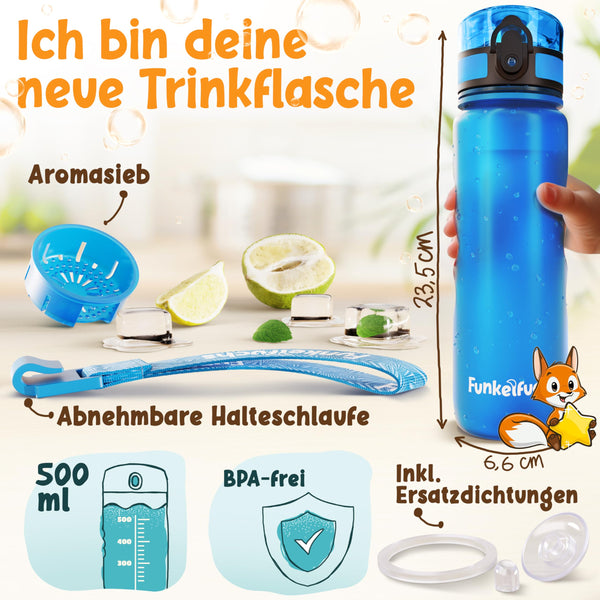 Funkelfuchs® - Trinkflasche für Kinder – 500ml, Blau – Kohlensäure geeignet - 100% auslaufsicher - Wasserflasche spülmaschinenfest - für Kindergarten, Einschulung, Schule, Sport